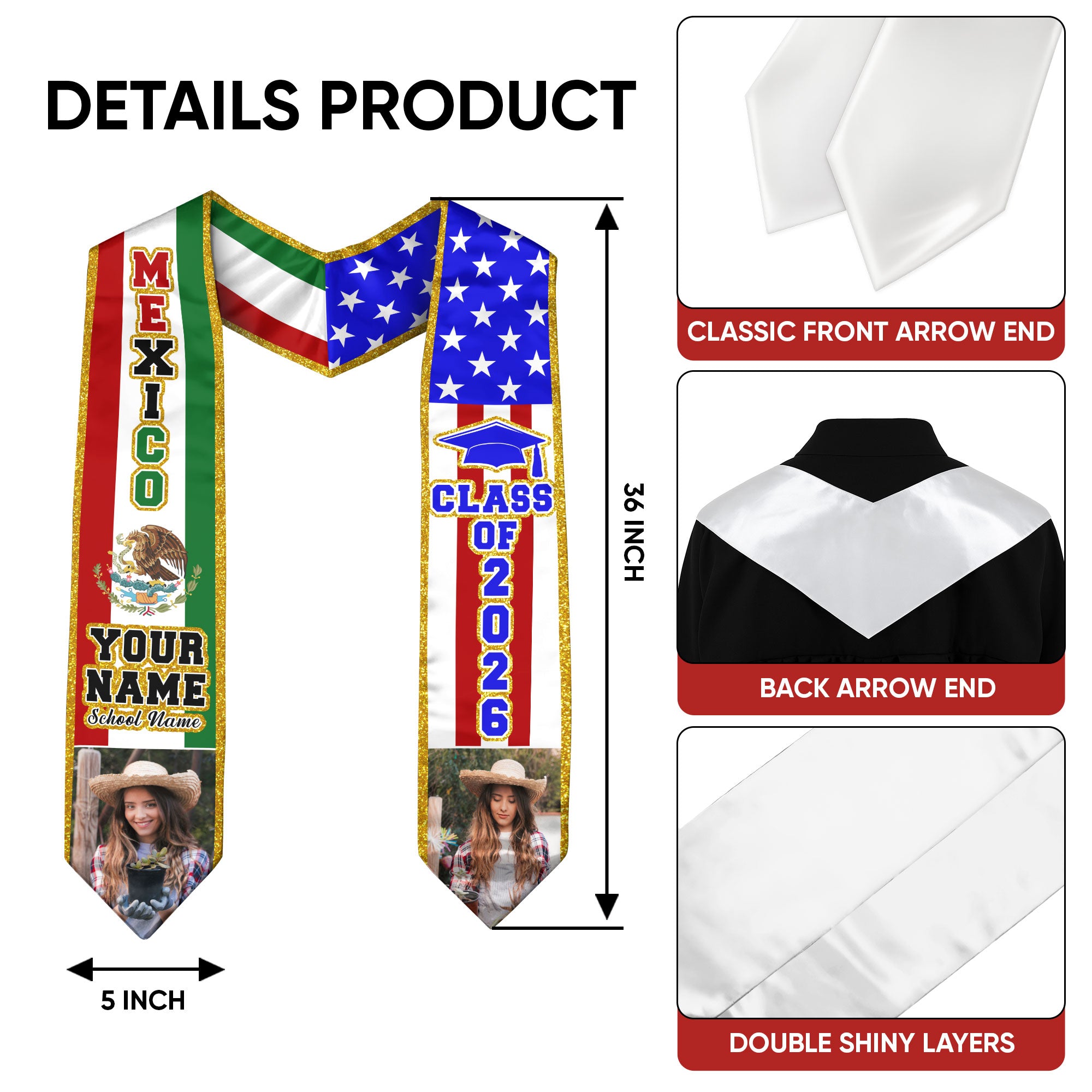 2026 Mexican Flag Stole for Graduation, Mexico Graduation Sash, Personal Detail Option