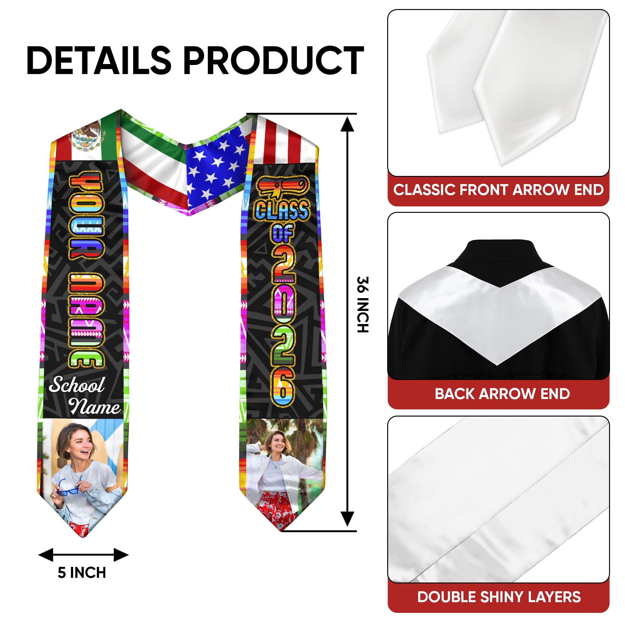 Mexico Graduation Sash 2026, Mexican Flag Stole, Optional Name Detail for Proud Grads