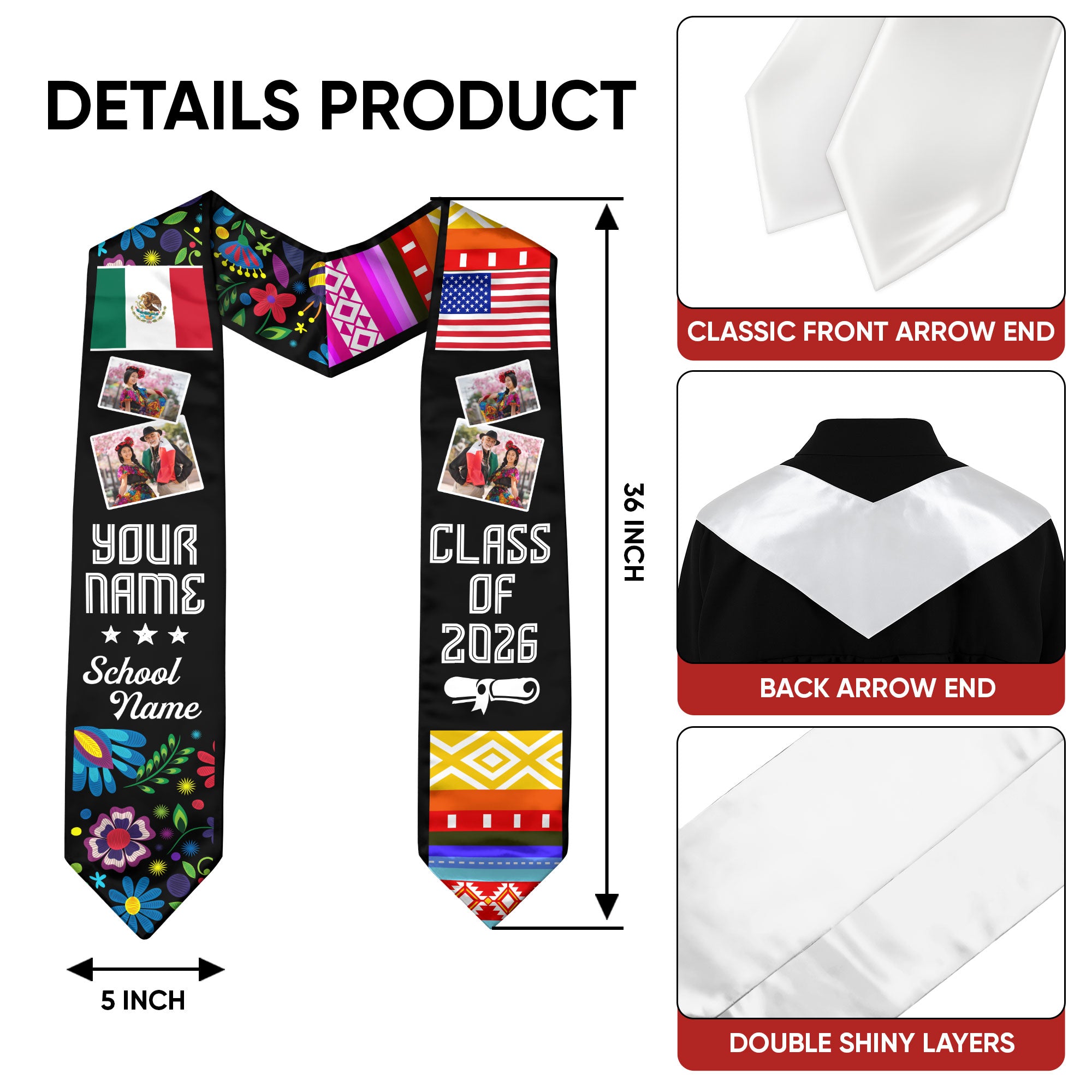 2026 Mexico Flag Graduation Sash, Mexican Stole for Grads, Custom Detail Option