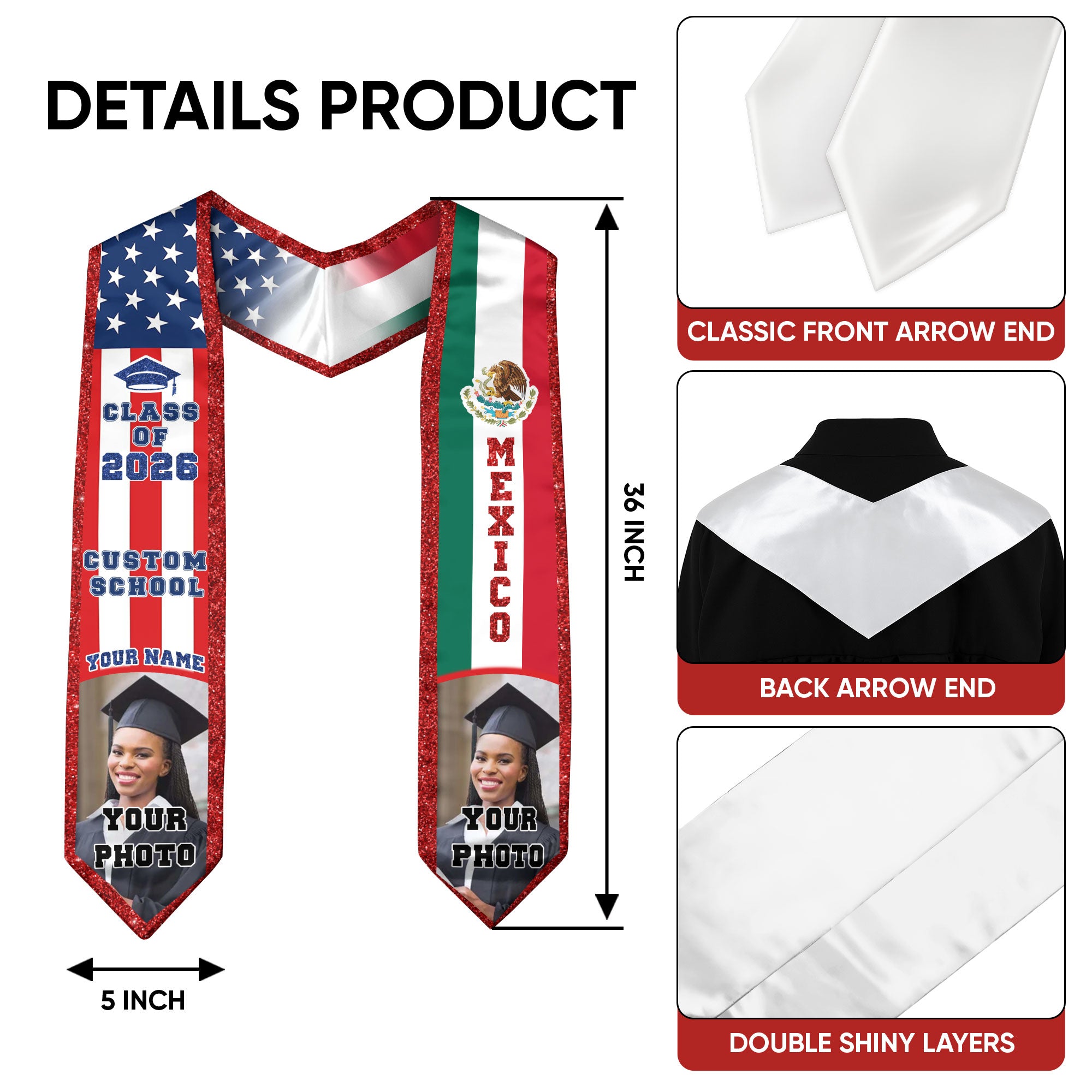 Mexican Graduation Stole, Mexican Flag Stole 2026, Mexico Graduation Sash