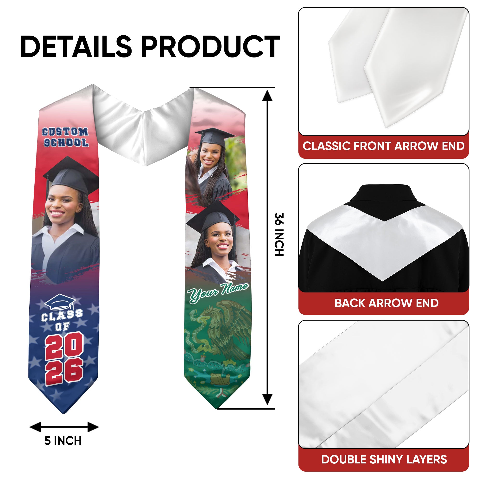 Mexico Graduation Stole 2026, Mexican American Flag Graduation Sash, Stole Mexico