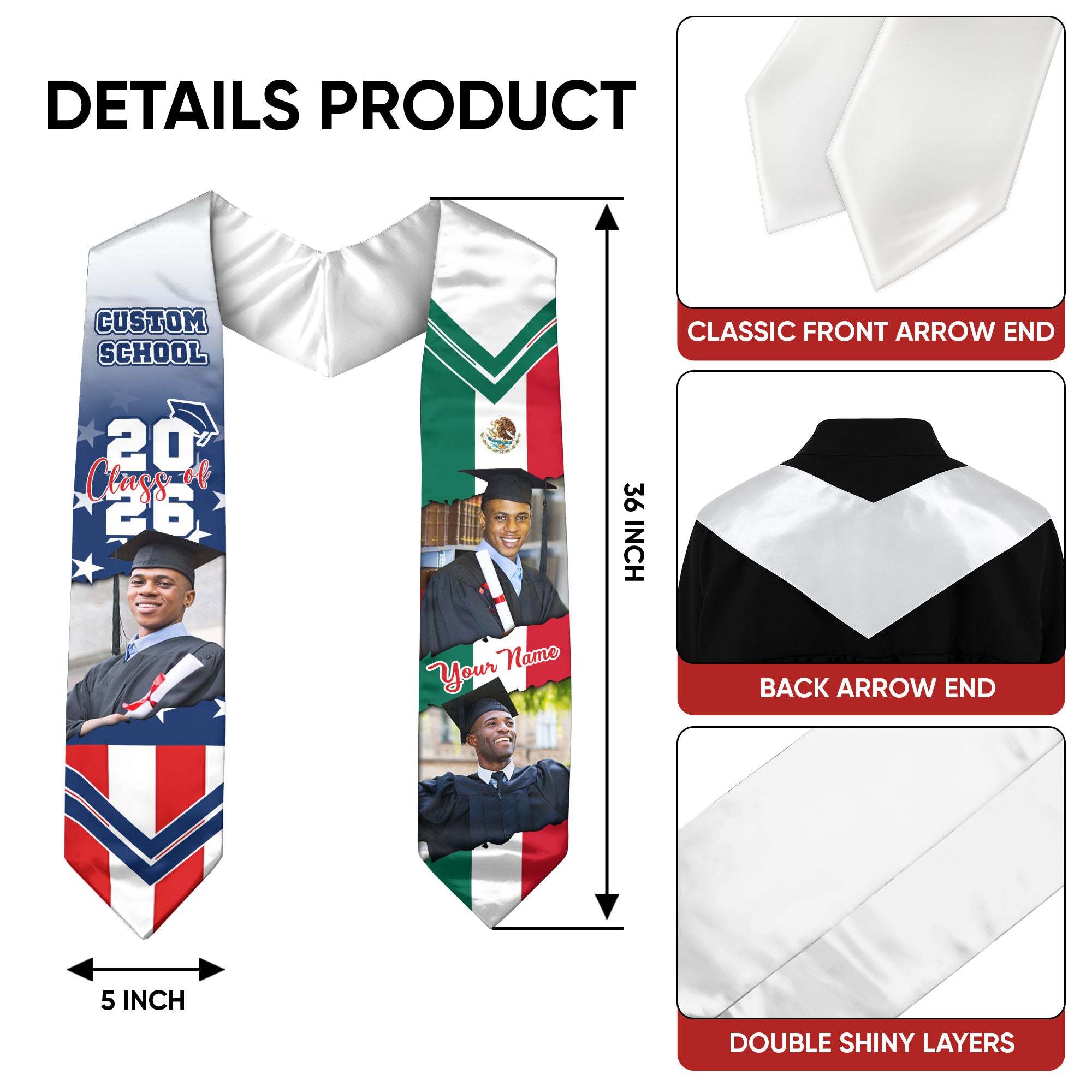 Mexican Stole 2026, Mexico American Flag Graduation Stole, Mexican Sash