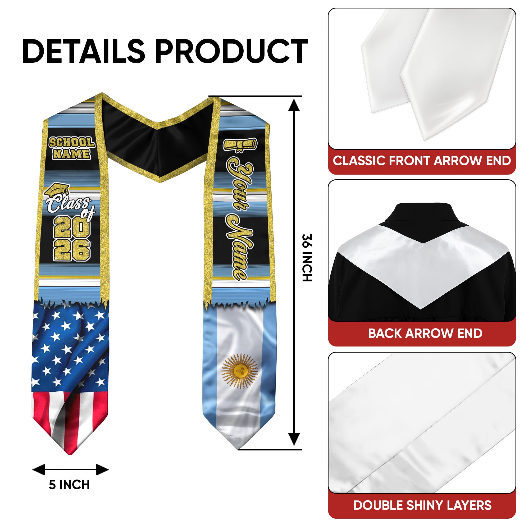 Customized Argentina Graduation Stole with Flag Inspired Design, Graduation Sash Celebrating Class of 2026