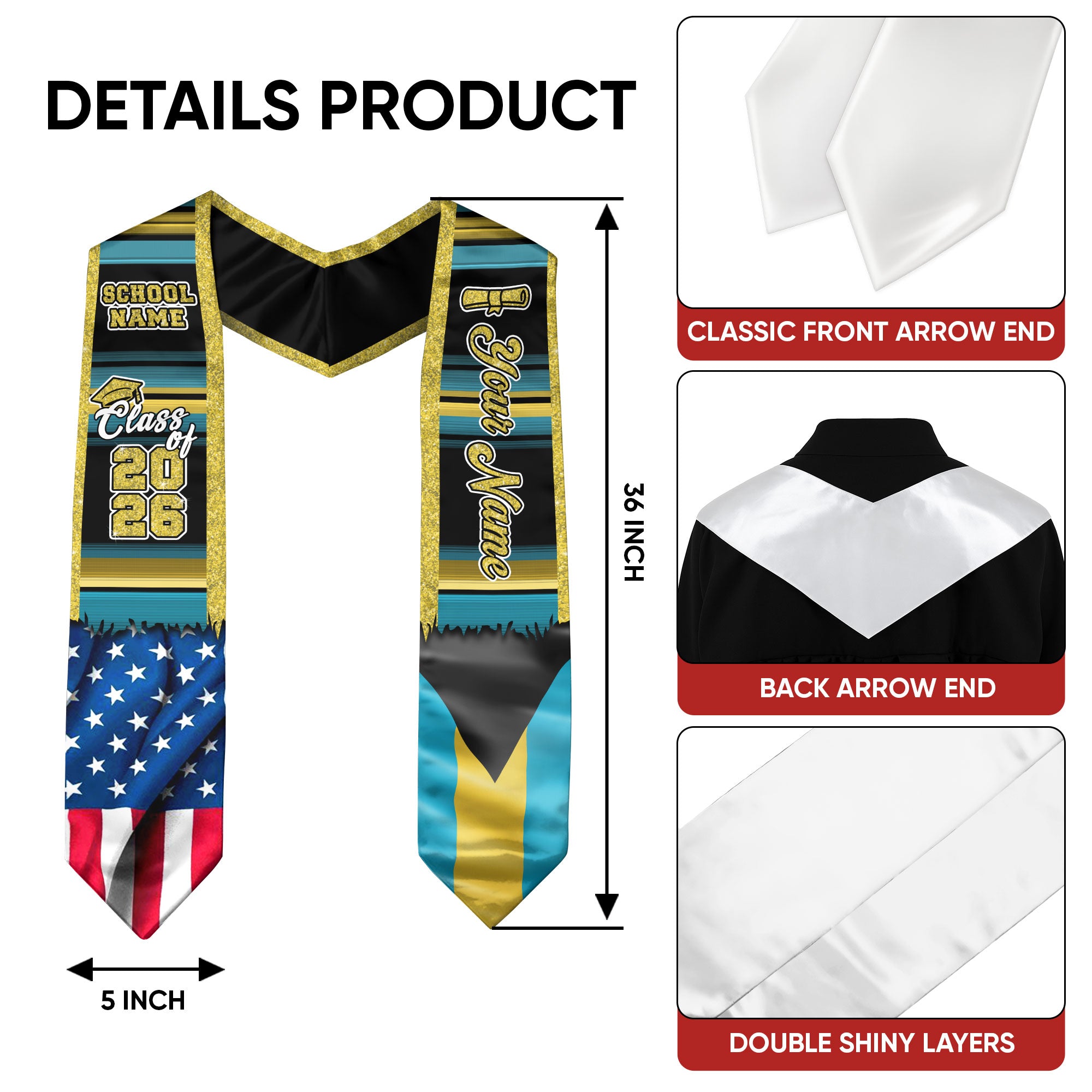 Customized Bahamas Graduation Stole Featuring Island Flag Colors, Graduation Sash for the Class of 2026