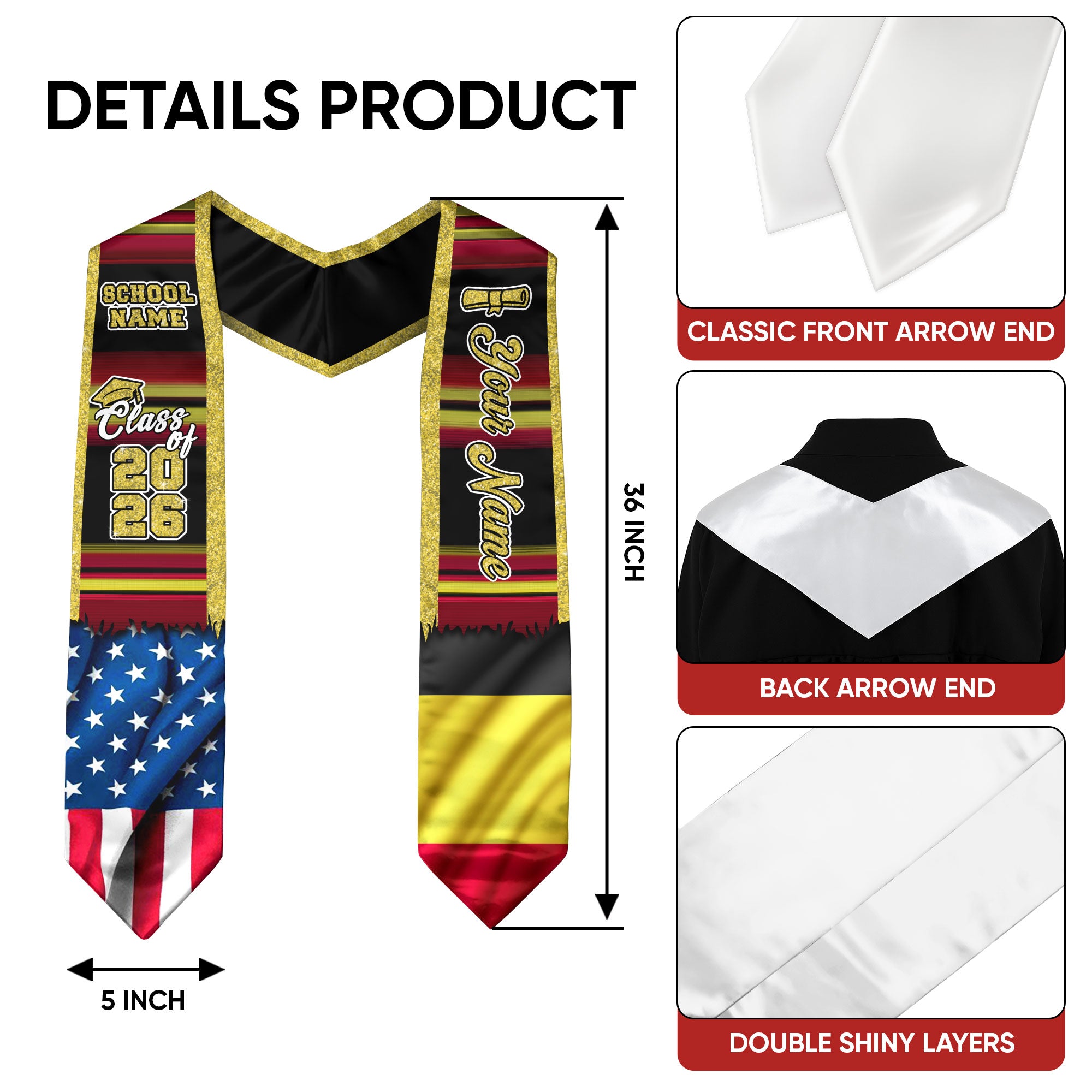 Customized Belgium Graduation Stole with Belgian Flag Style Accents, Graduation Sash Class of 2026