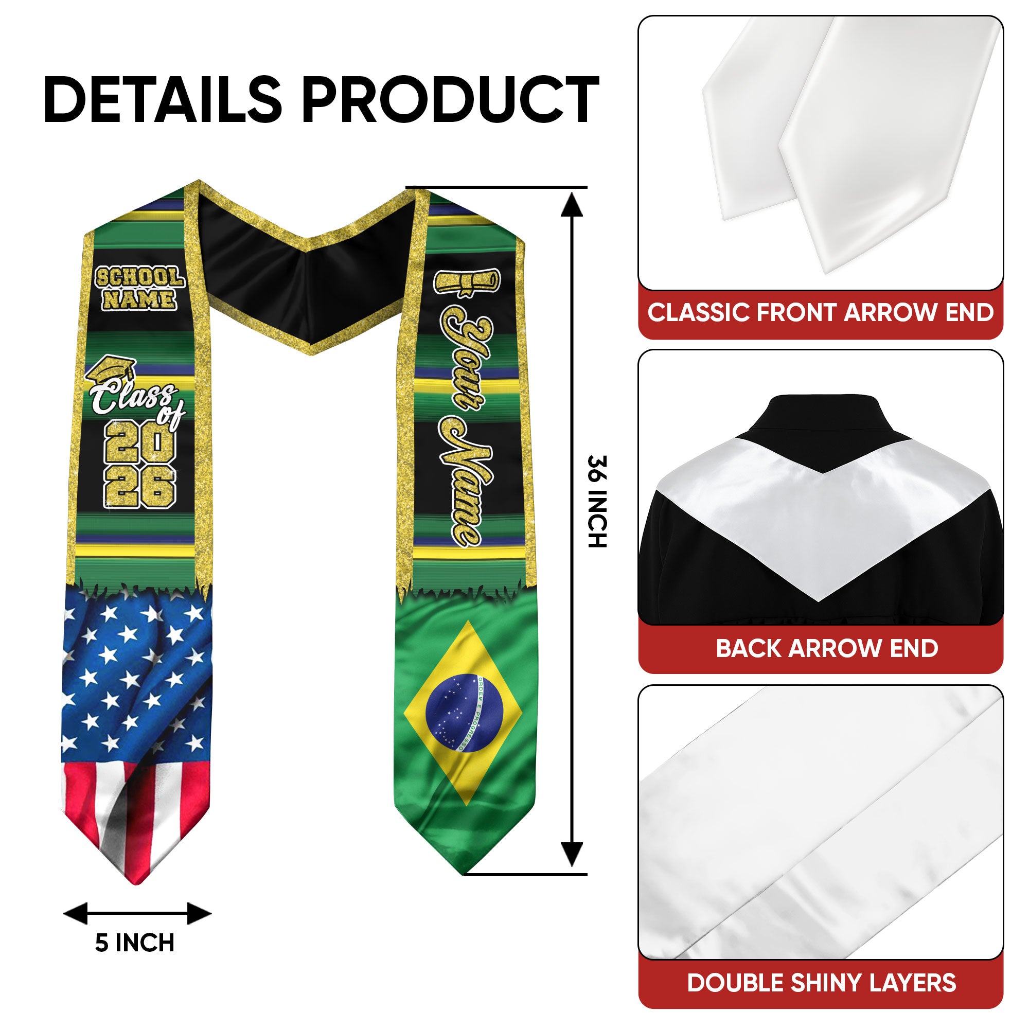 Customized Brazil Graduation Stole Showcasing Brazilian Flag Heritage, Graduation Sash for Class of 2026