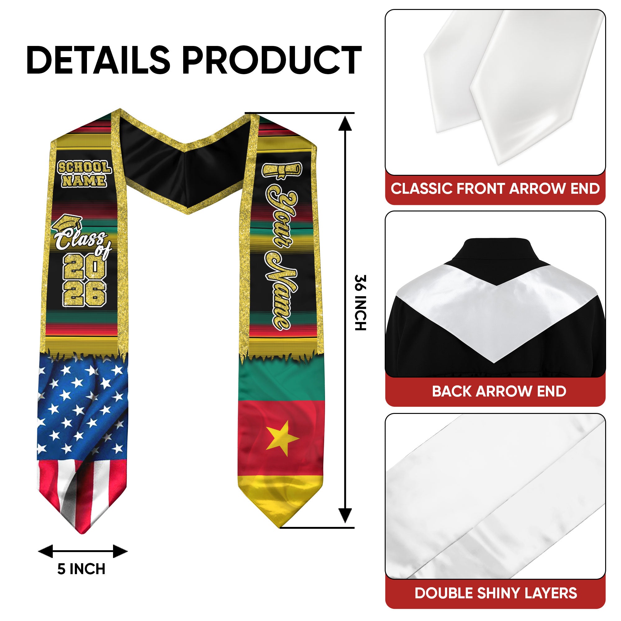 Customized Cameroon Graduation Stole with National Flag Motif, Graduation Sash Celebrating 2026 Graduates