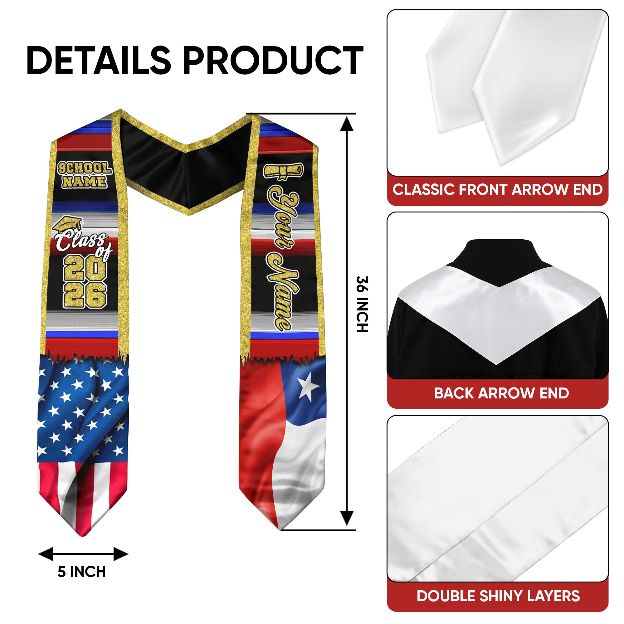 Customized Chile Graduation Stole with Chilean Flag Inspired Pattern, Graduation Sash Class of 2026