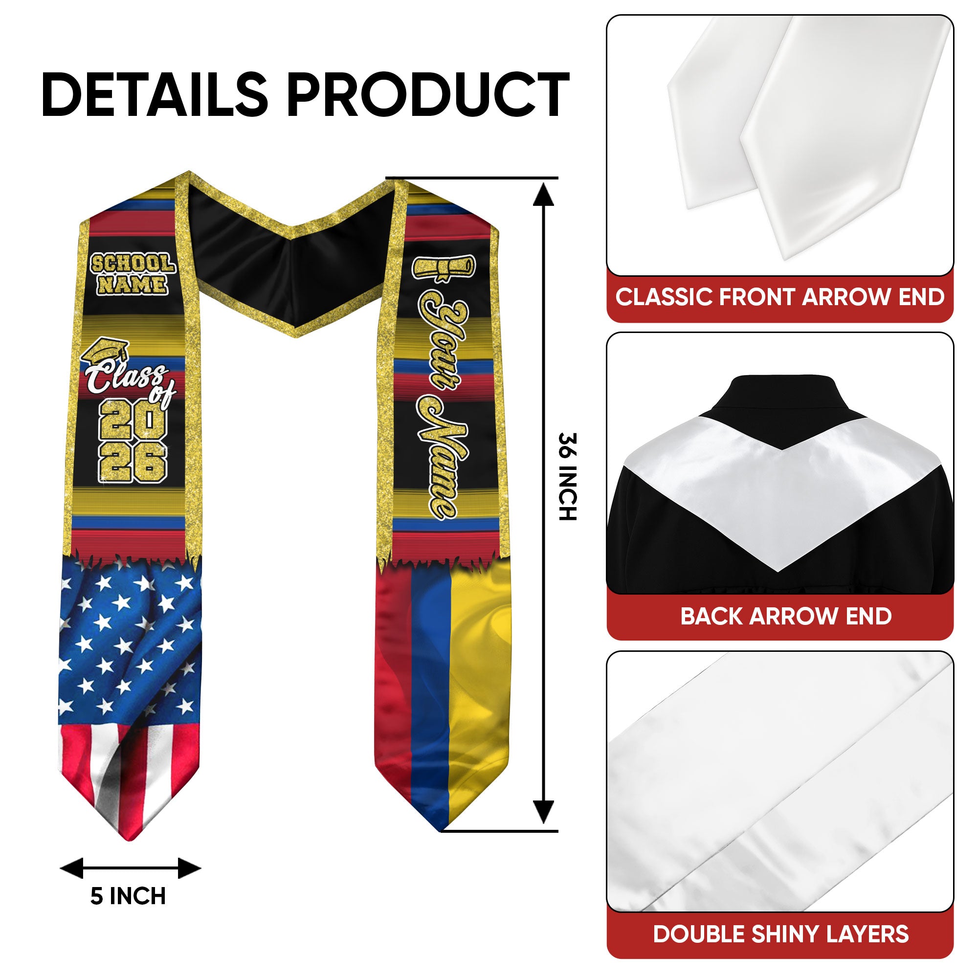 Customized Colombia Graduation Stole with Colombian Flag Style Design, Graduation Sash Class of 2026