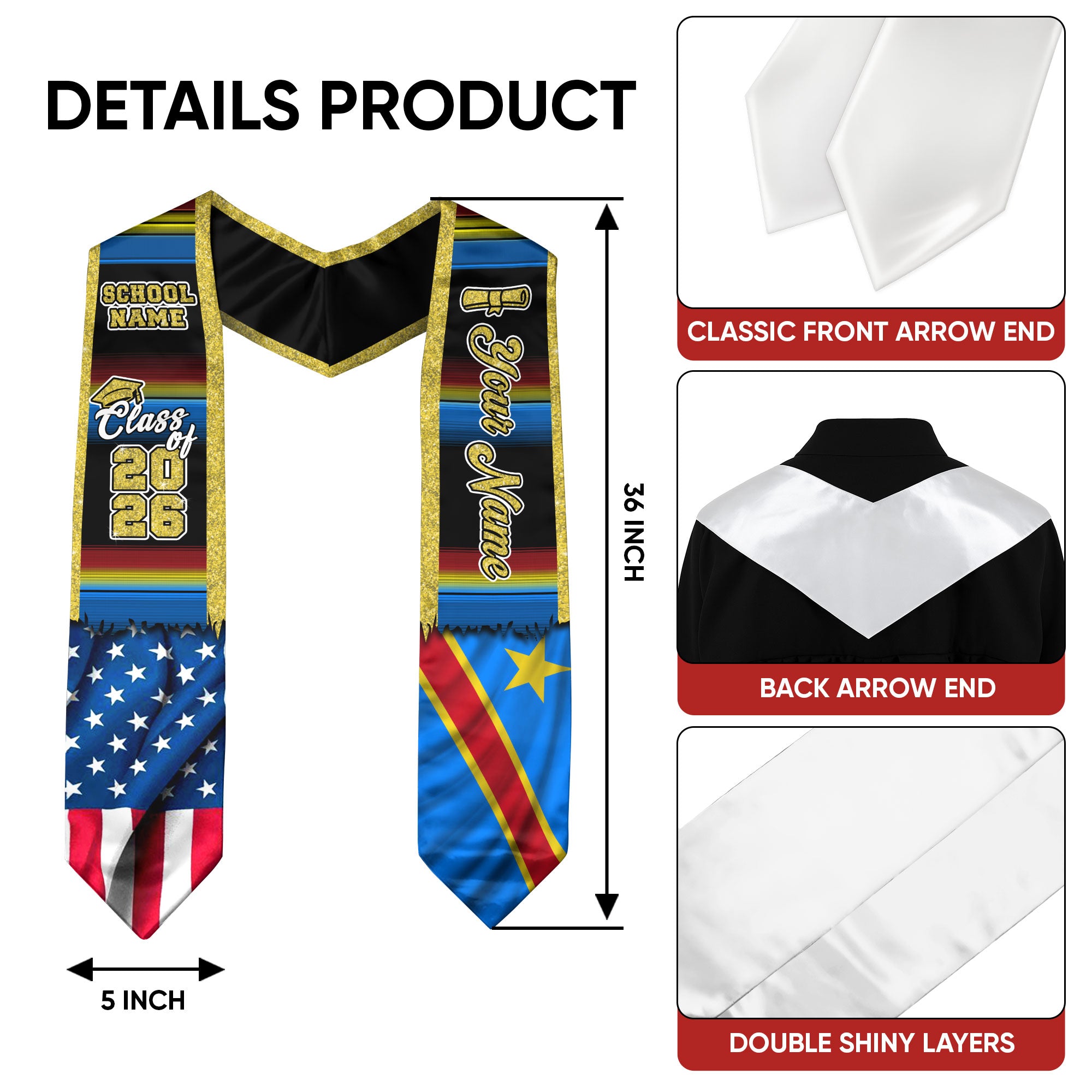 Customized DR Congo Graduation Stole with Congolese Flag Inspired Motif, Graduation Sash for 2026