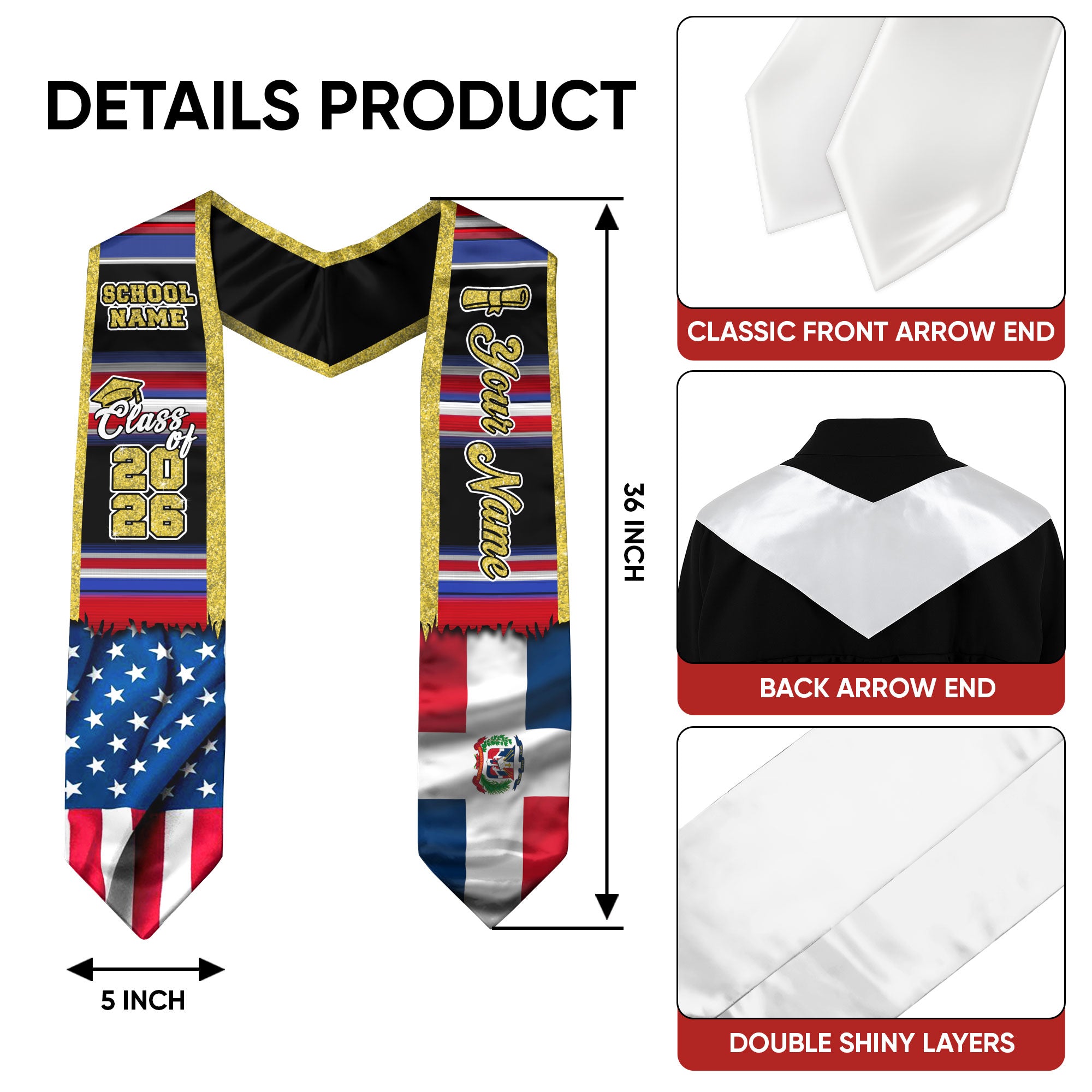 Customized Dominican Republic Graduation Stole Featuring Flag Heritage Design, Graduation Sash Class of 2026