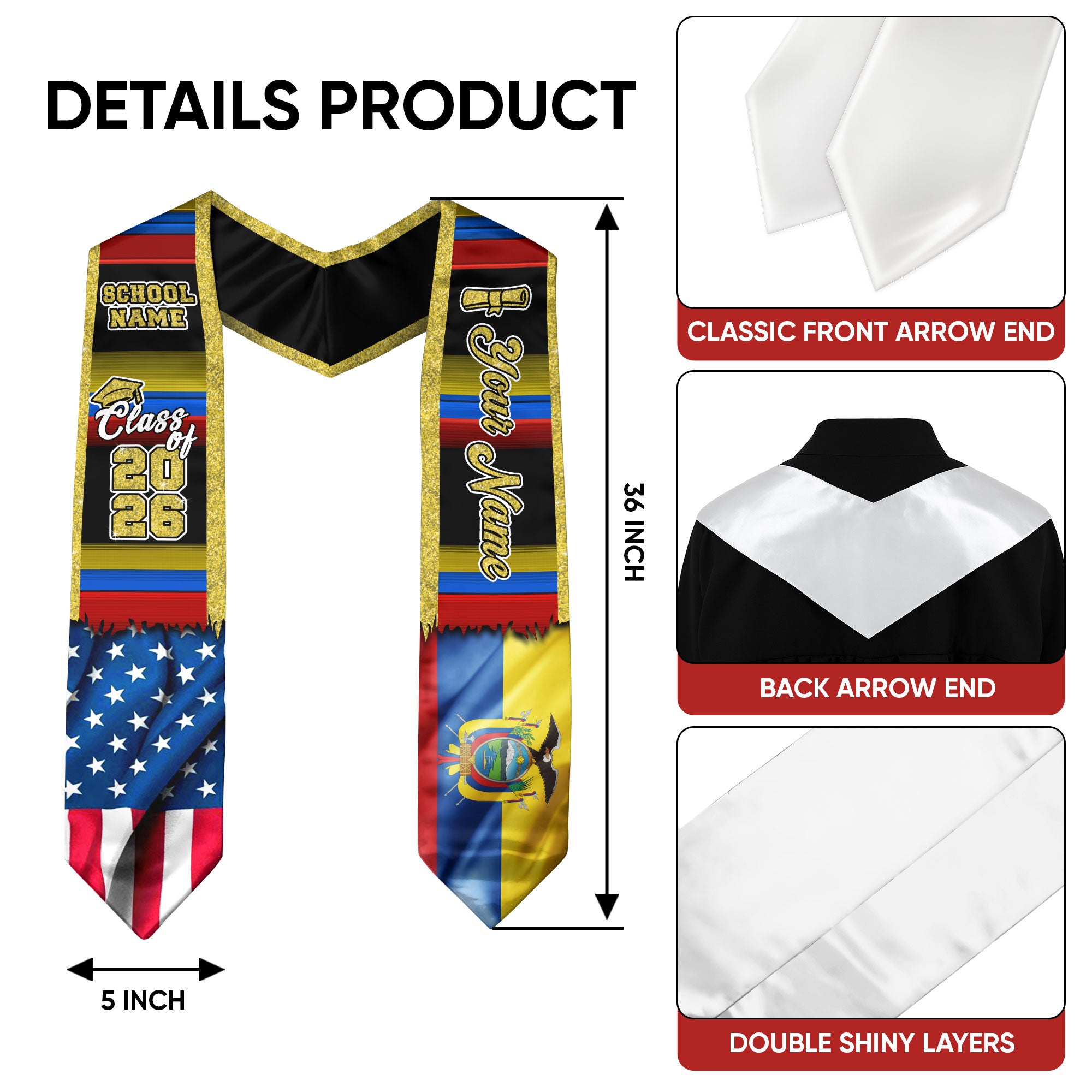 Customized Ecuador Graduation Stole Showcasing Ecuadorian Flag Colors, Graduation Sash Class of 2026