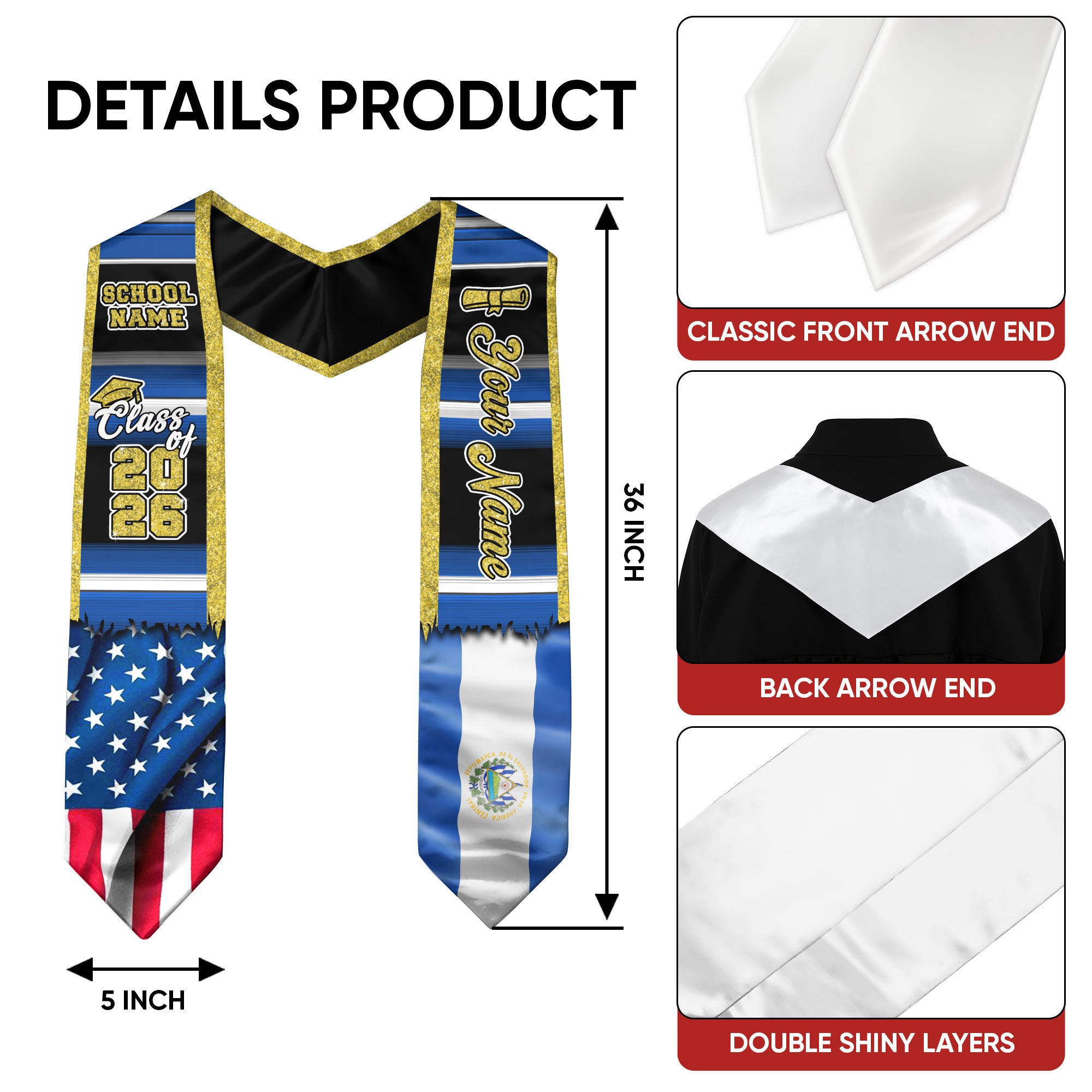 Customized El Salvador Graduation Stole with Salvadoran Flag Design, Graduation Sash for Class of 2026