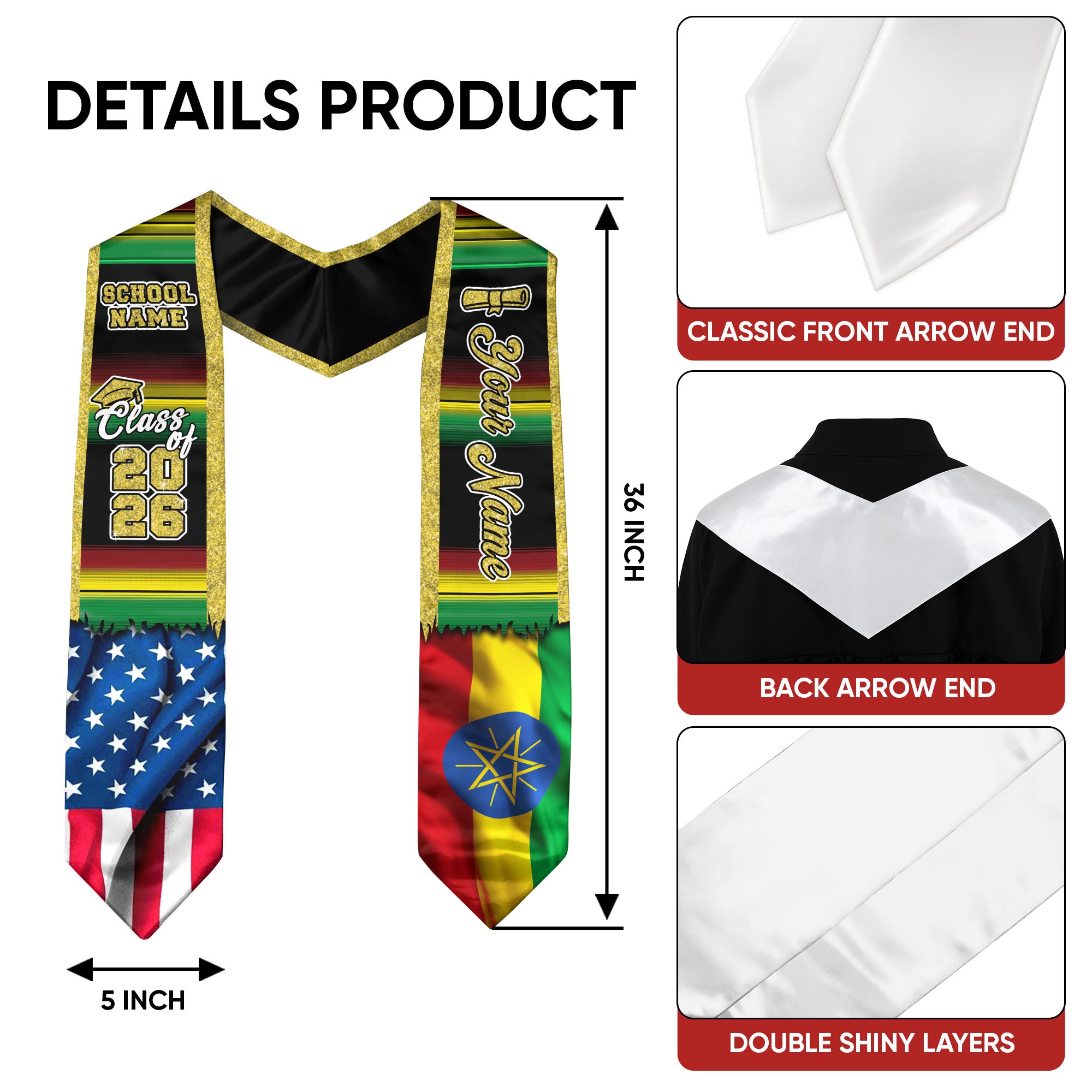 Customized Ethiopia Graduation Stole Featuring Ethiopian Flag Heritage Style, Graduation Sash Class of 2026
