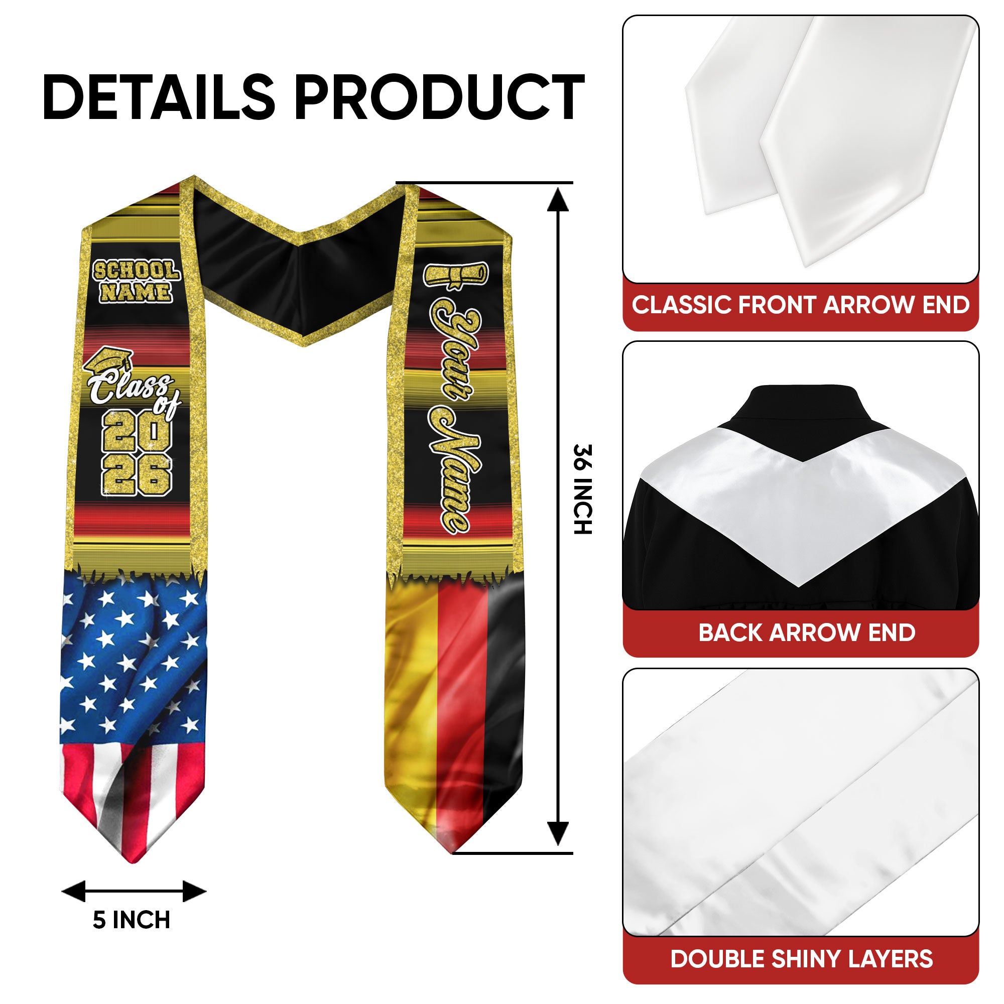 Customized Germany Graduation Stole Highlighting German Flag Design, Graduation Sash Class of 2026