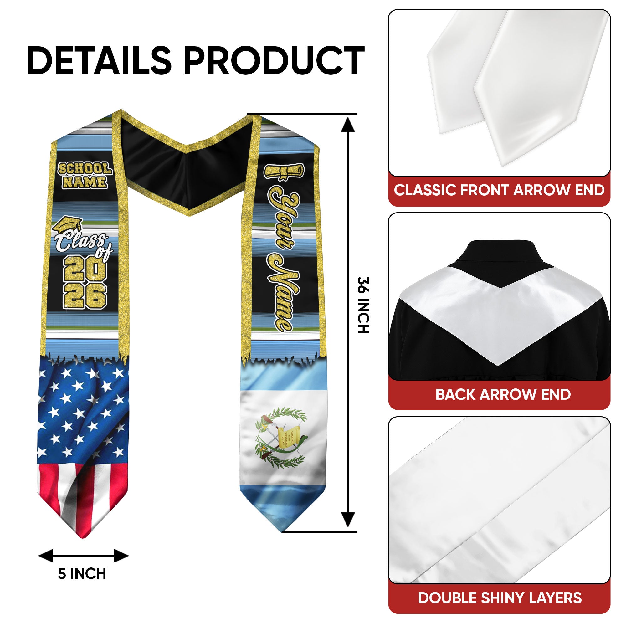 Customized Guatemala Graduation Stole with Guatemalan Flag Style Design, Graduation Sash Class of 2026