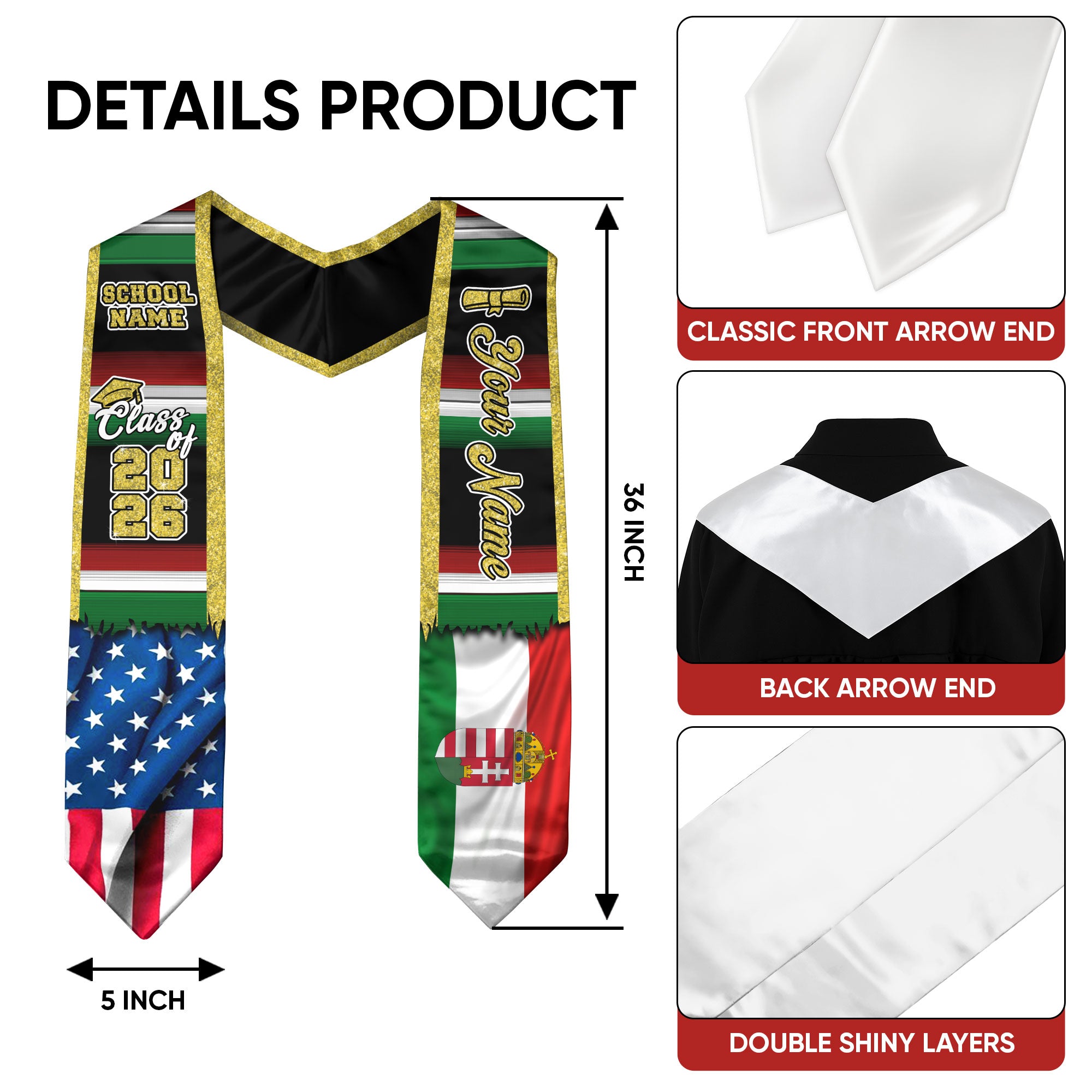 Customized Hungary Graduation Stole with Hungarian Flag Heritage Accents, Graduation Sash Class of 2026