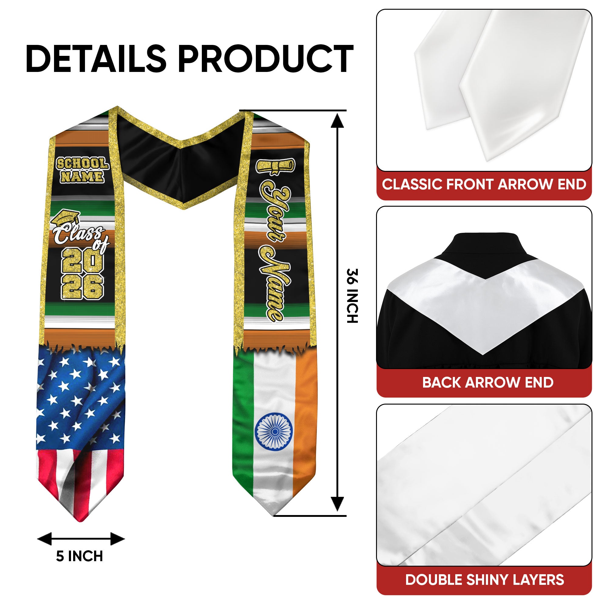 Customized India Graduation Stole Highlighting Indian Flag Inspired Style, Graduation Sash for 2026