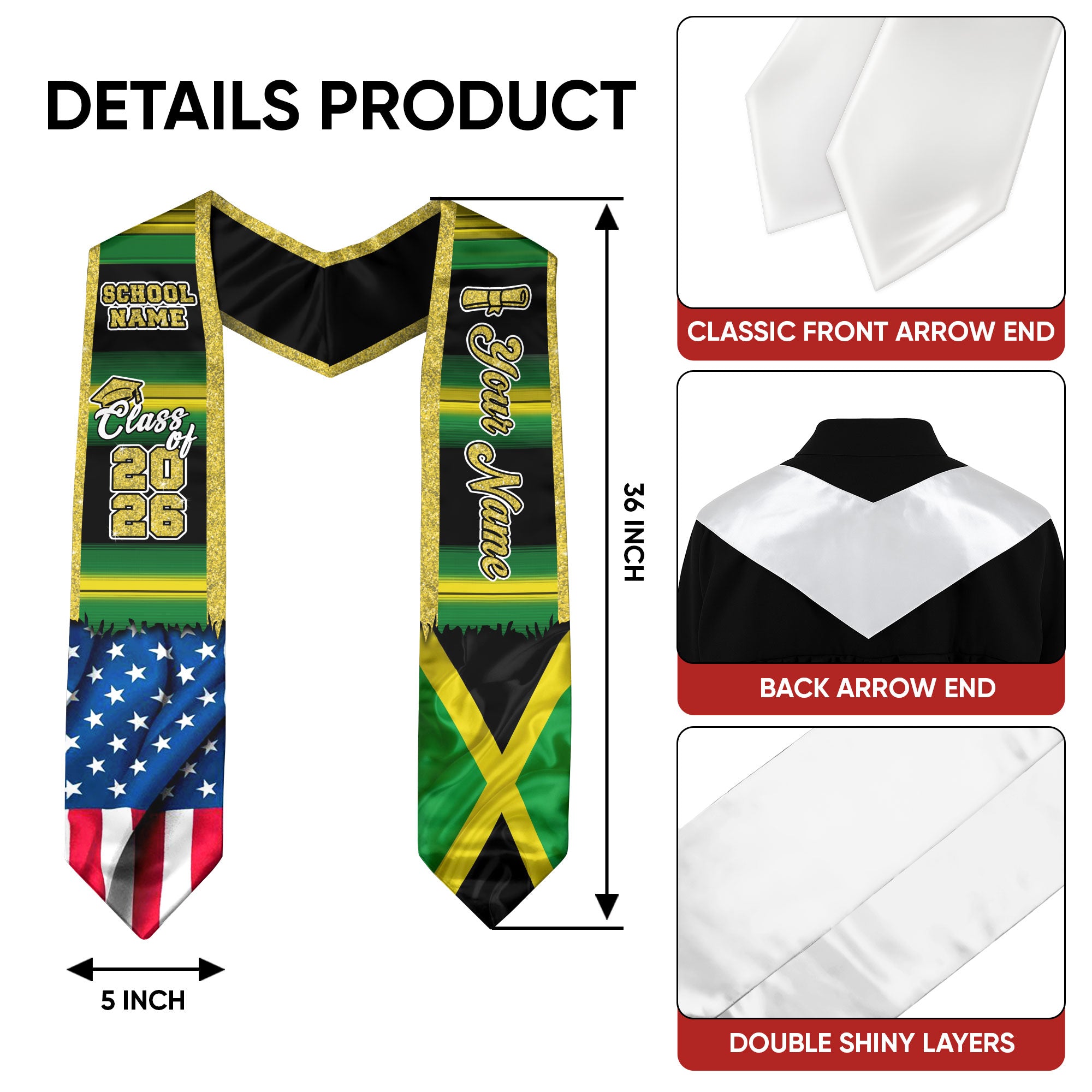 Customized Jamaica Graduation Stole Showcasing Jamaican Flag Style, Graduation Sash Class of 2026