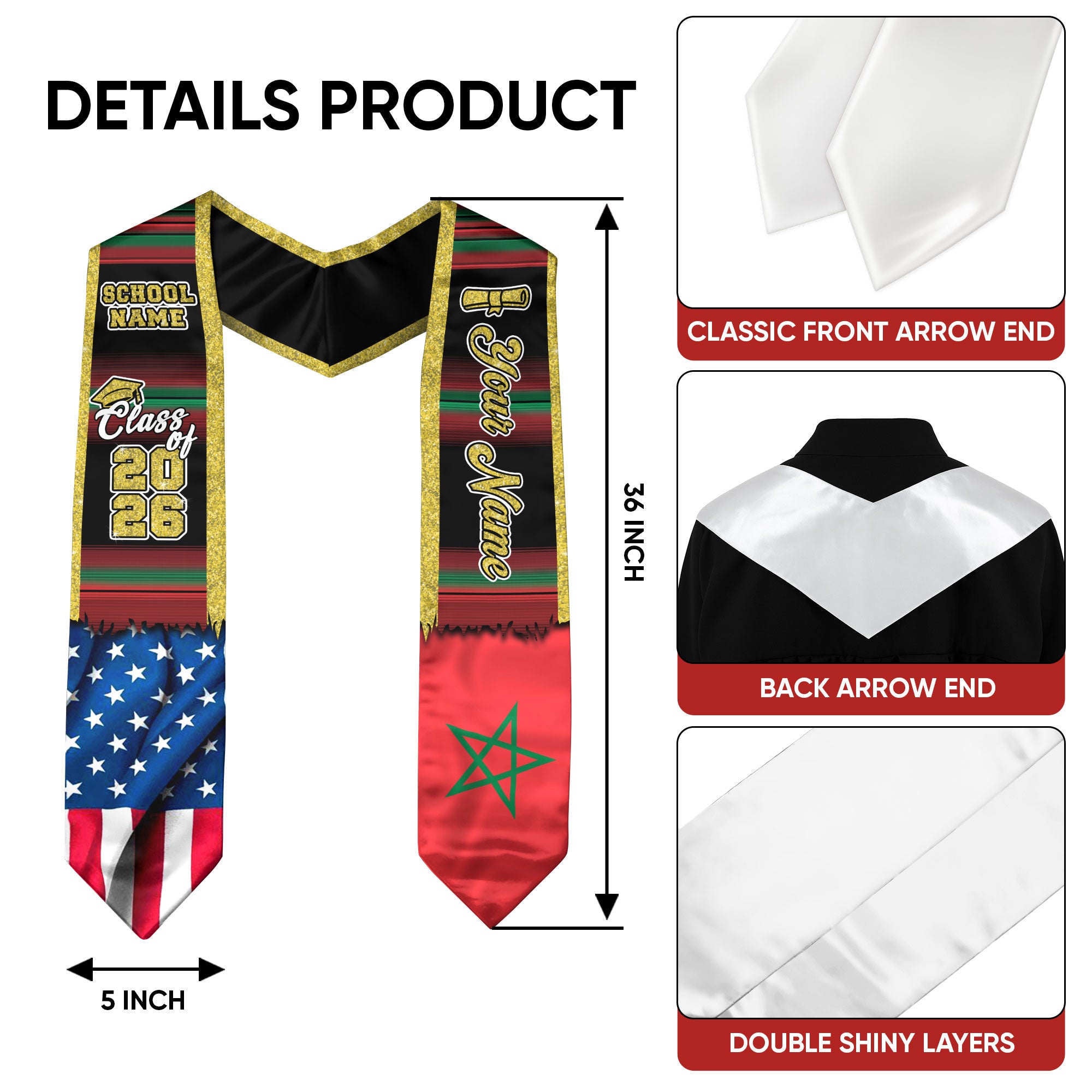 Customized Morocco Graduation Stole Featuring Moroccan Flag Heritage Accents, Graduation Sash Class of 2026