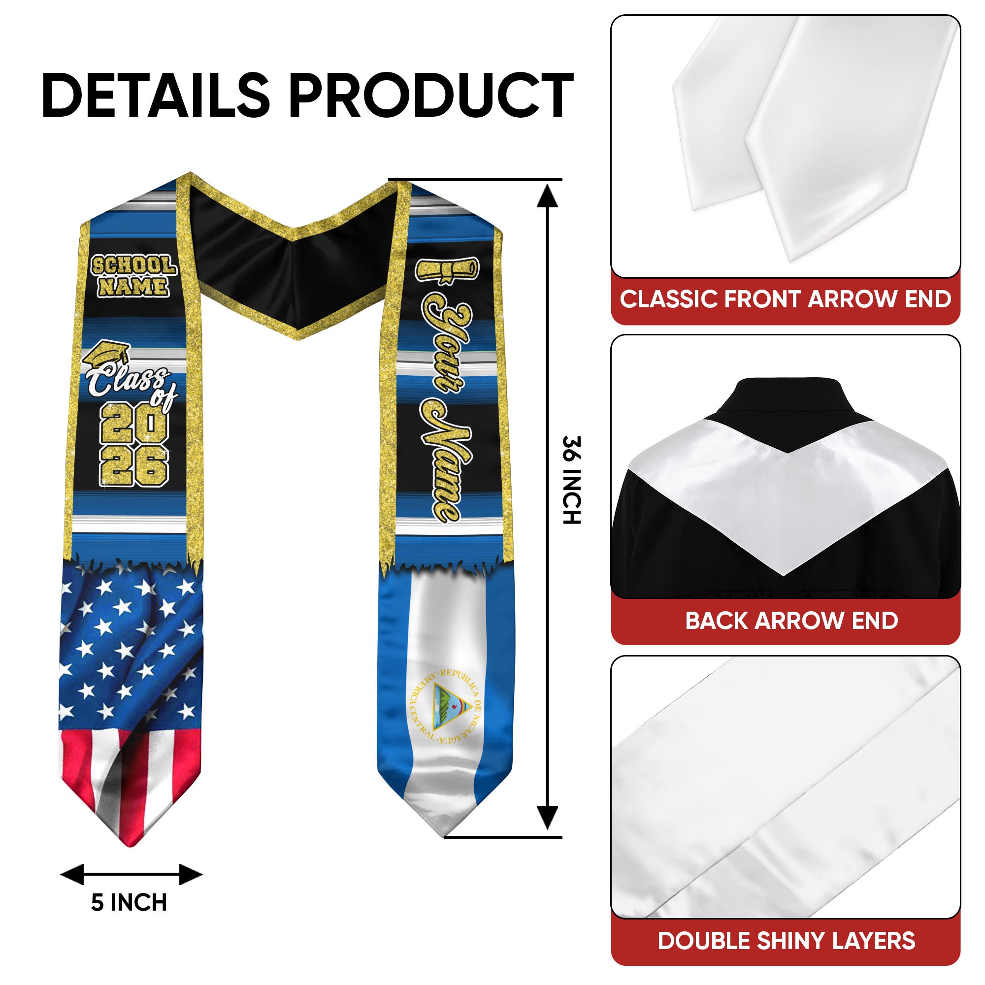 Customized Nicaragua Graduation Stole Showcasing Nicaraguan Flag Design, Graduation Sash Class of 2026