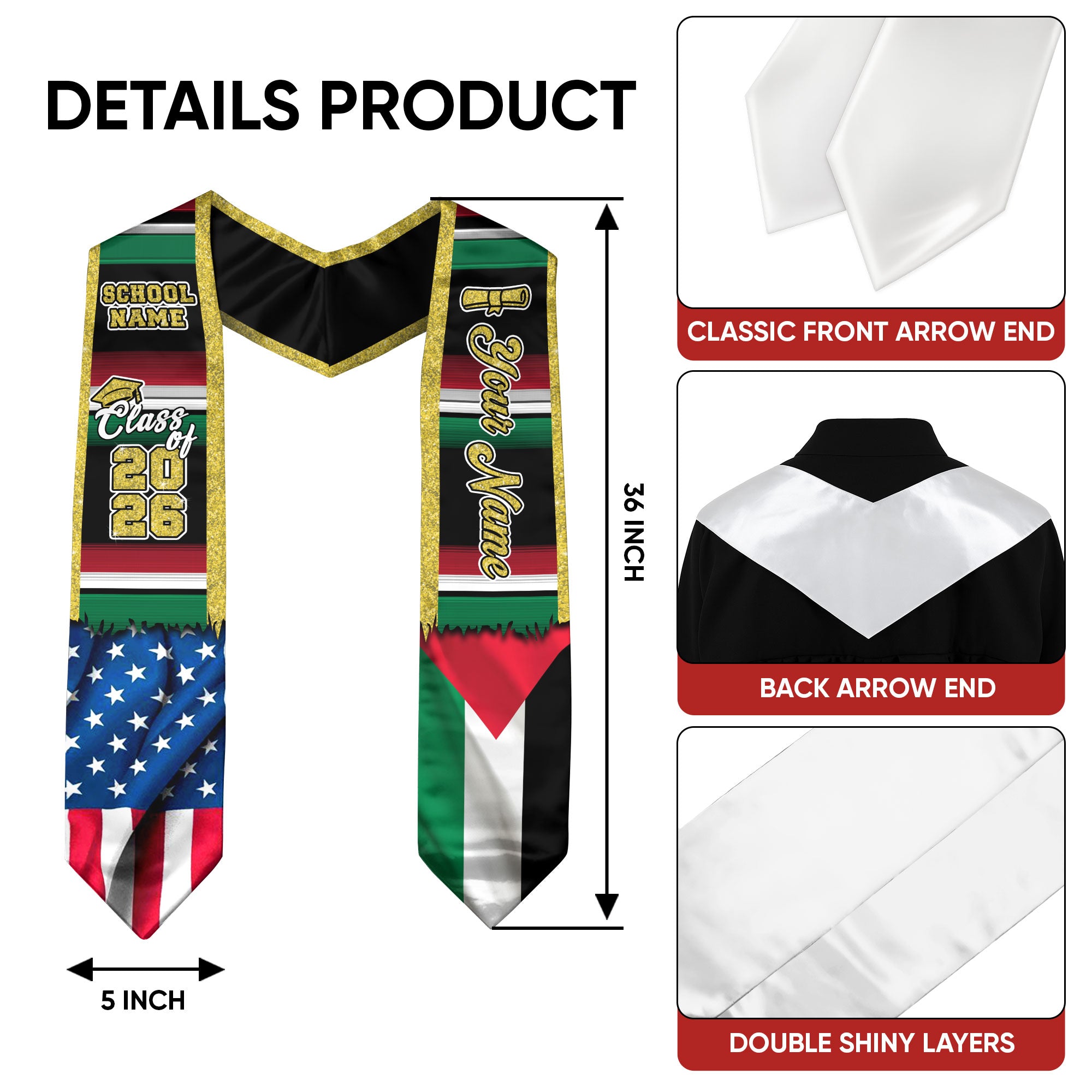 Customized Palestine Graduation Stole with Palestinian Flag Inspired Design, Graduation Sash Class of 2026