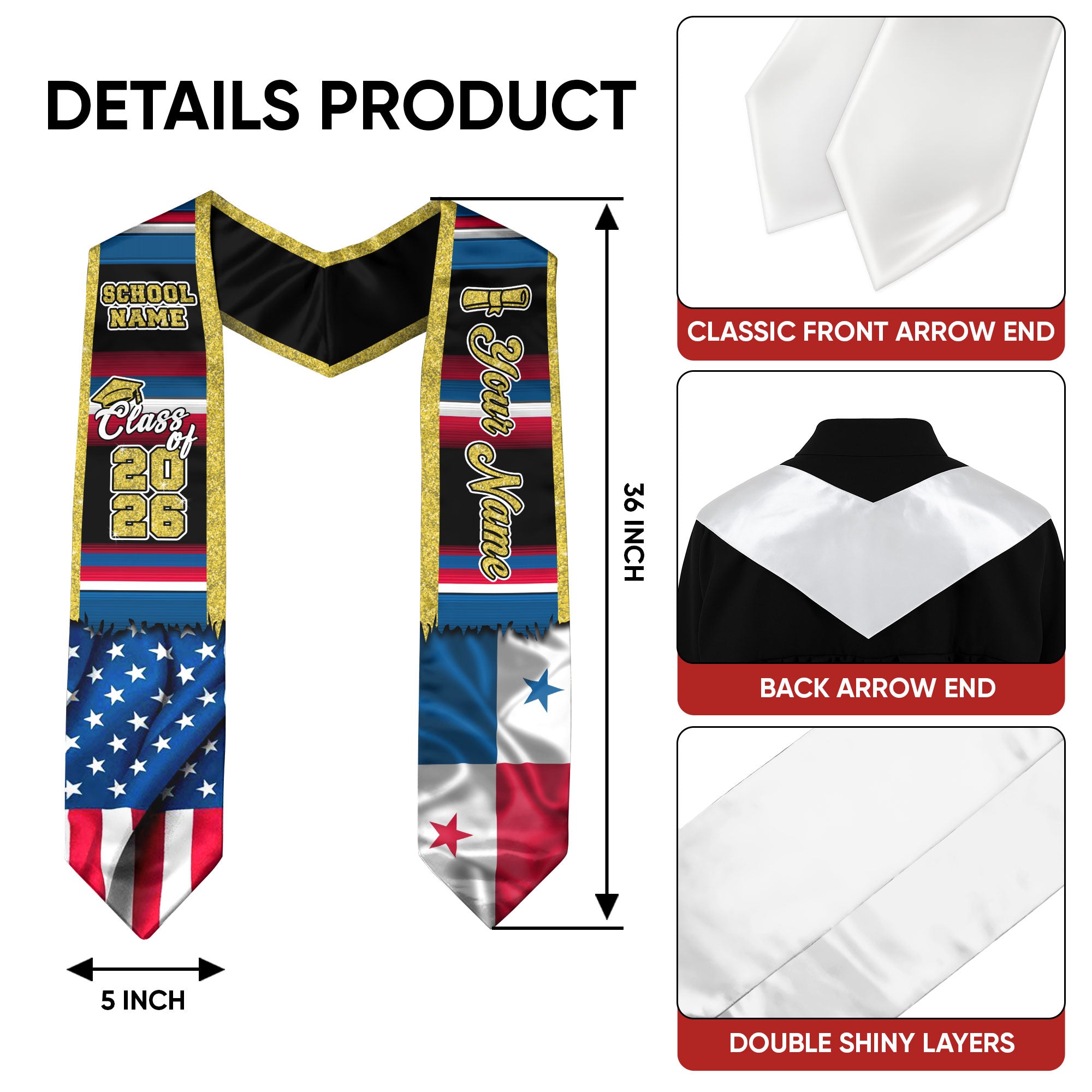 Customized Panama Graduation Stole Highlighting Panamanian Flag Elements, Graduation Sash for Class of 2026