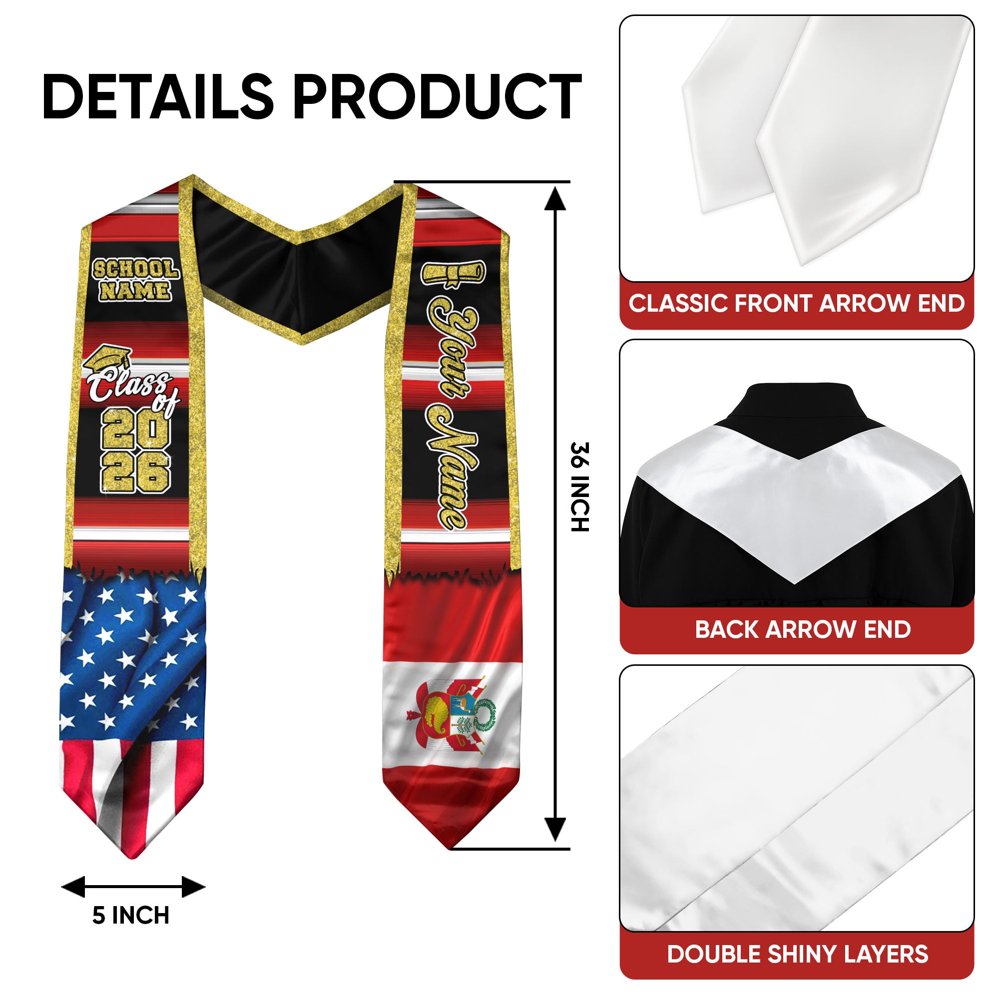 Customized Peru Graduation Stole Featuring Peruvian Flag Heritage Pattern, Graduation Sash Class of 2026