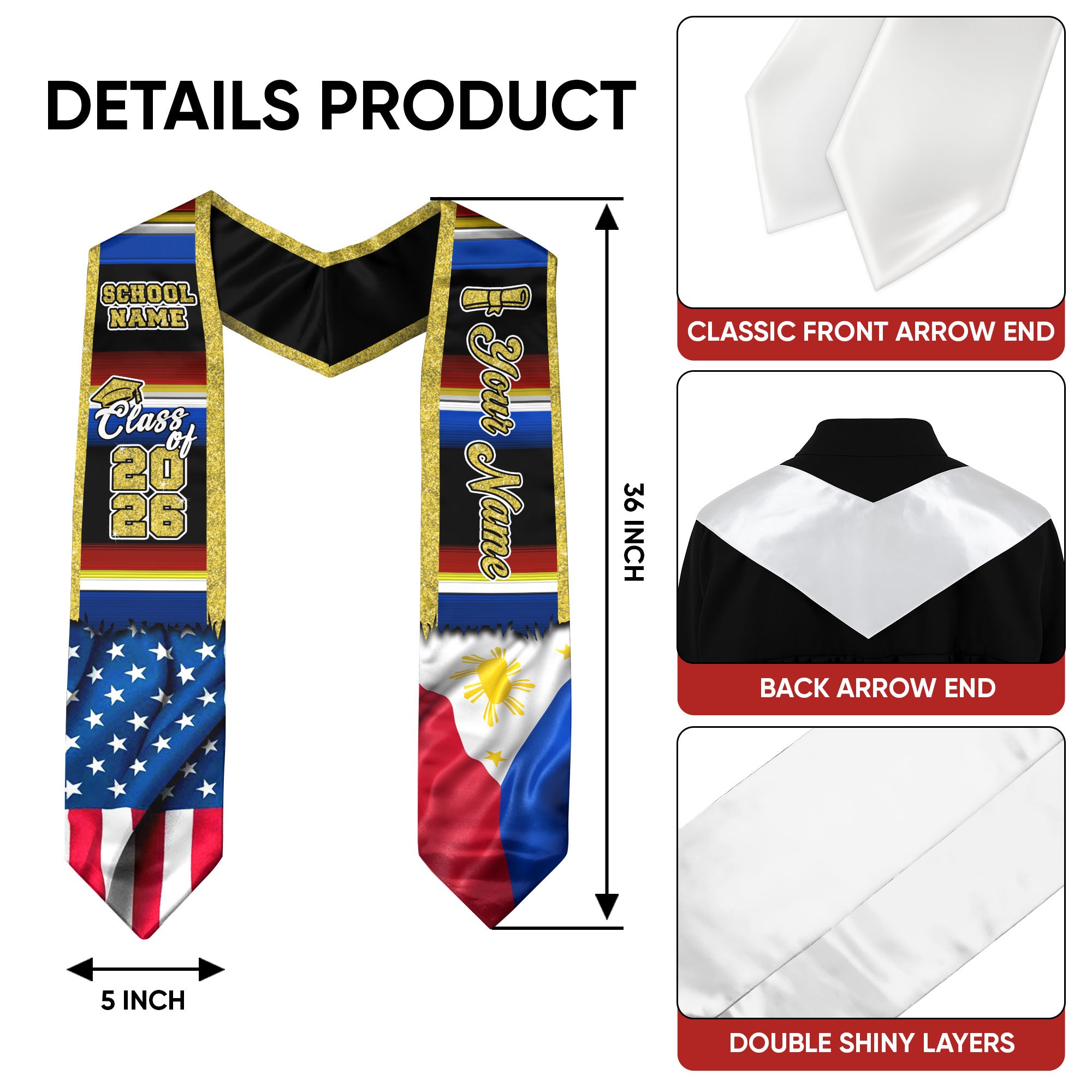 Customized Philippines Graduation Stole with Filipino Flag Inspired Style, Graduation Sash for Class of 2026