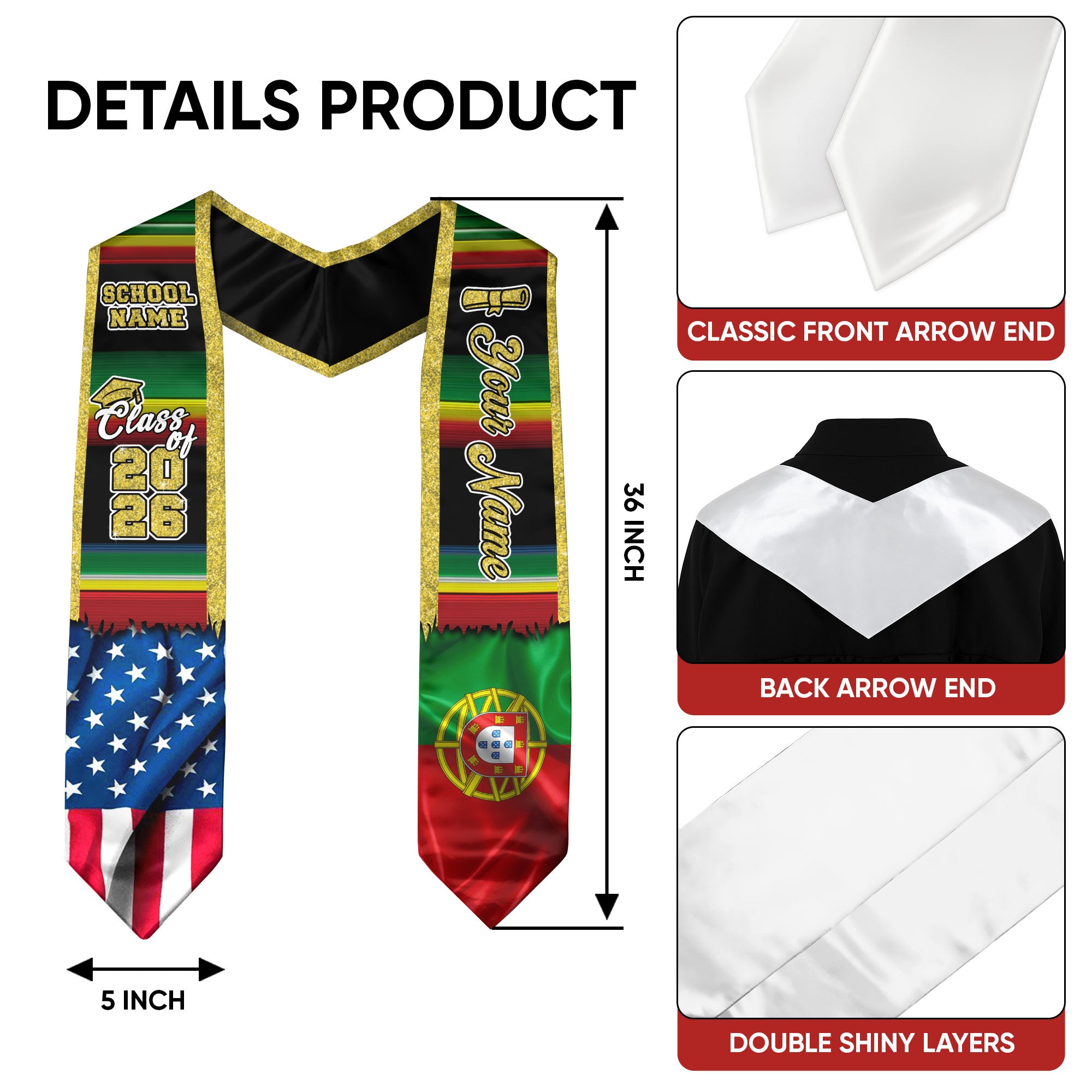 Customized Portugal Graduation Stole Showcasing Portuguese Flag Design, Graduation Sash Class of 2026
