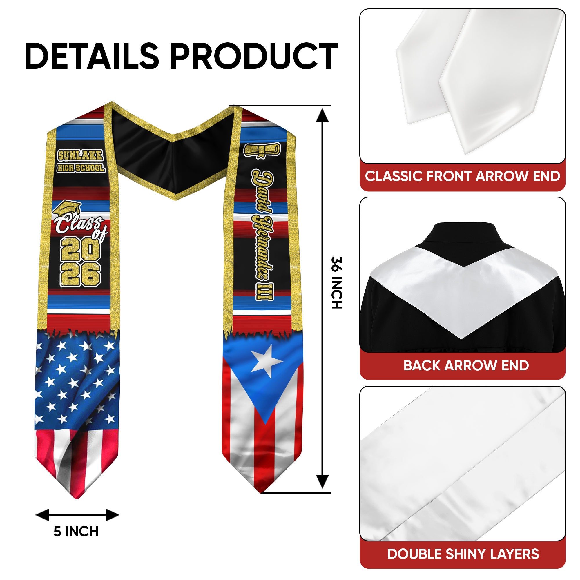 Customized Puerto Rico Graduation Stole Featuring Puerto Rican Flag Heritage, Graduation Sash Class of 2026
