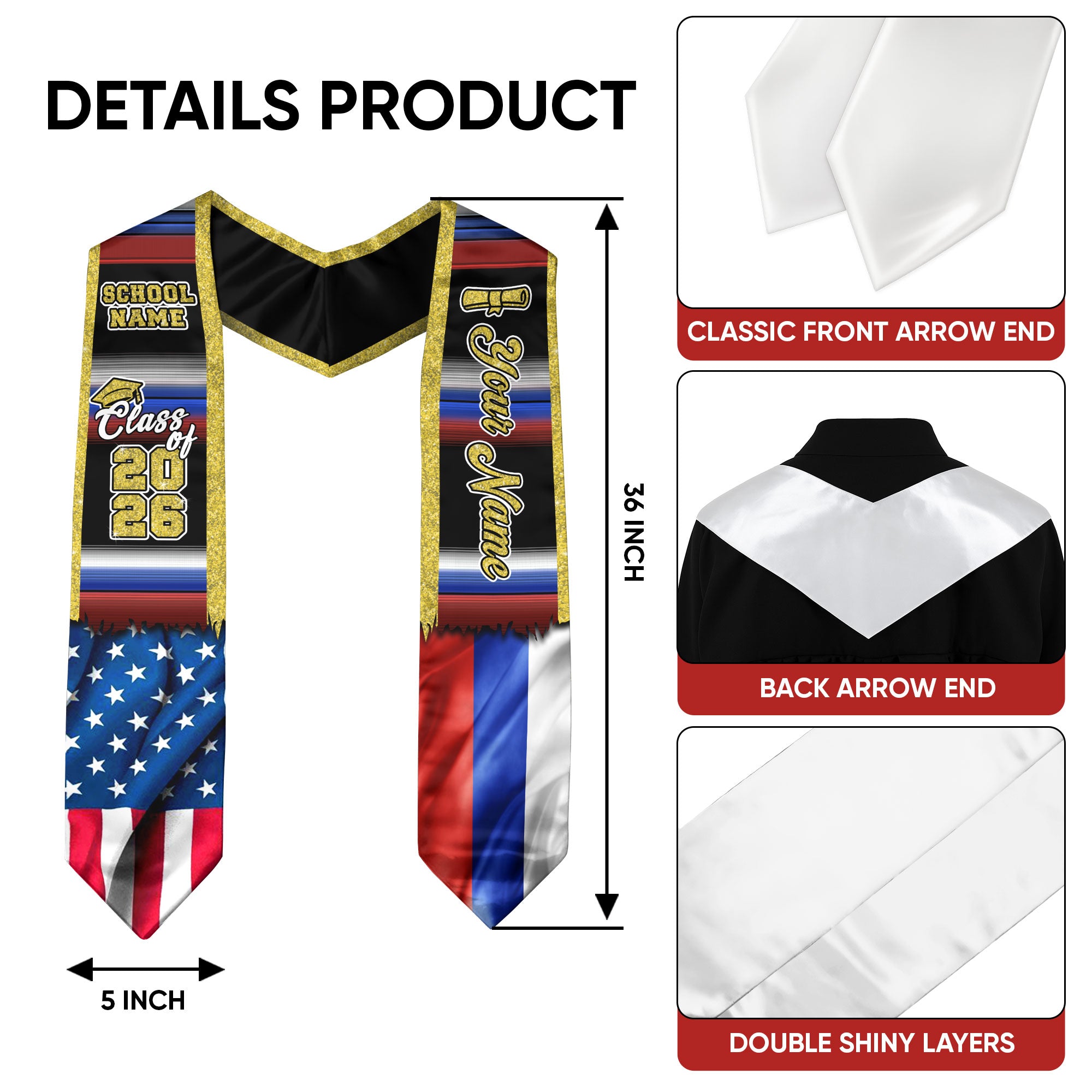 Customized Russia Graduation Stole with Russian Flag Inspired Accents, Graduation Sash for Class of 2026