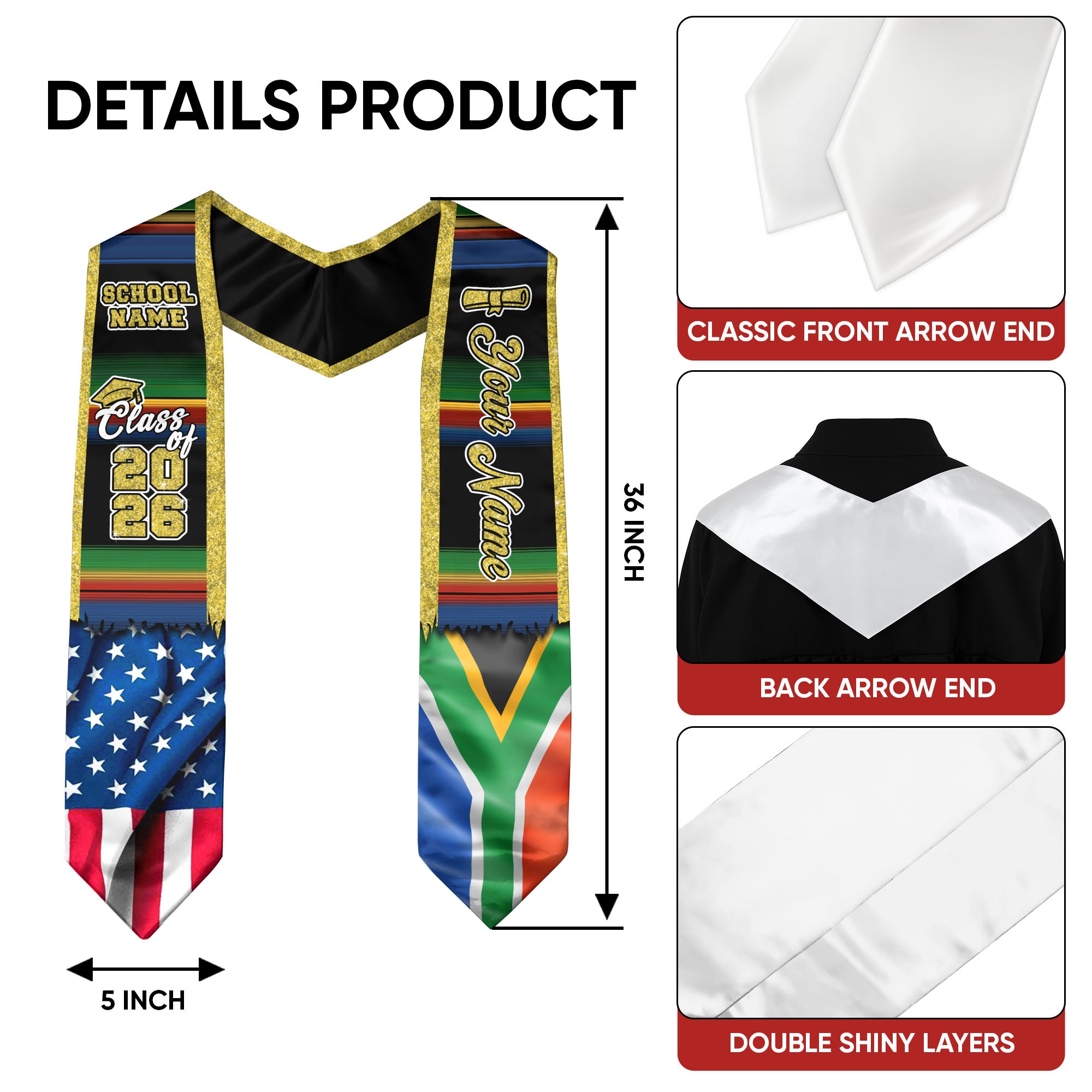 Customized South Africa Graduation Stole Featuring National Flag Heritage Style, Graduation Sash Class of 2026