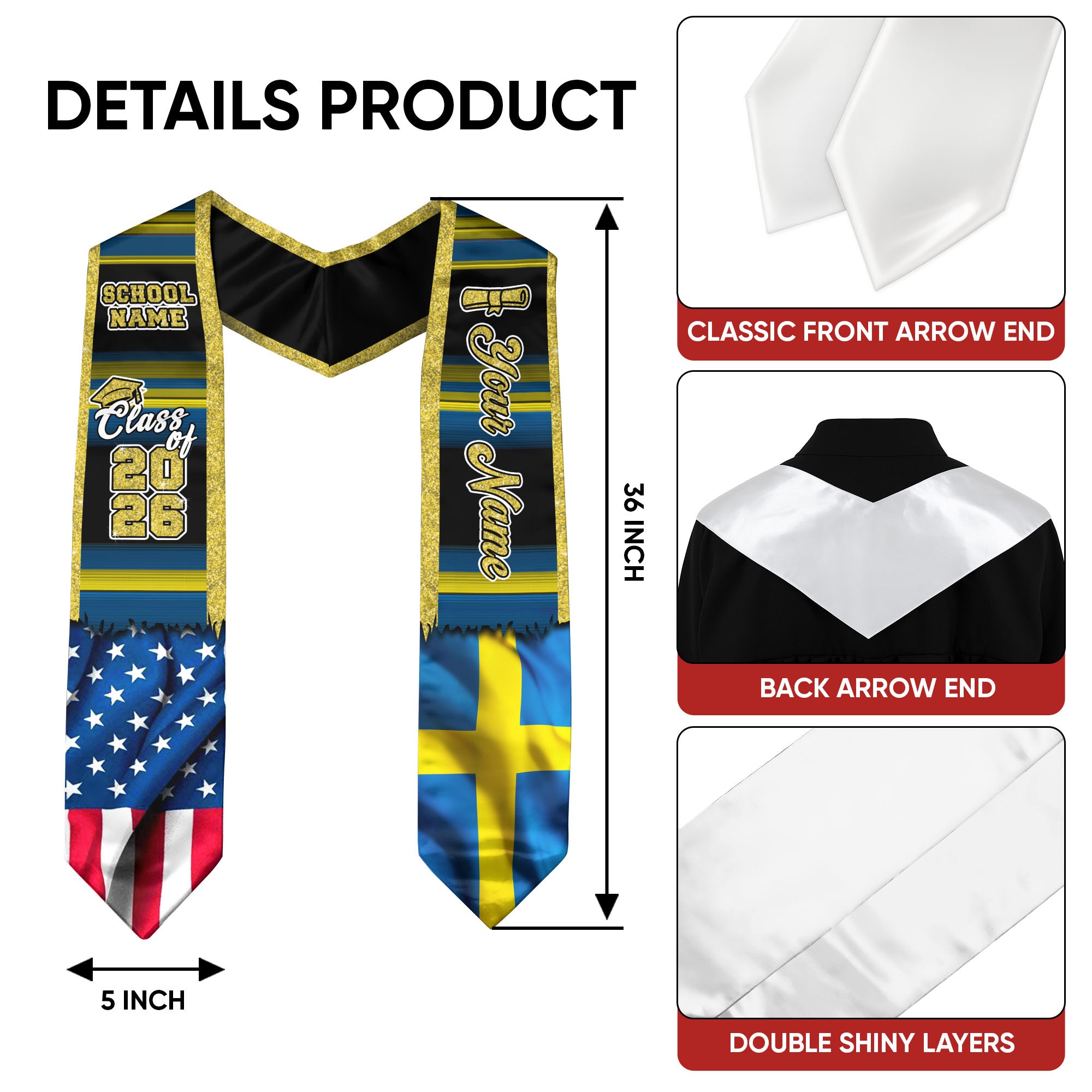 Customized Sweden Graduation Stole Highlighting Swedish Flag Heritage Pattern, Graduation Sash Class of 2026
