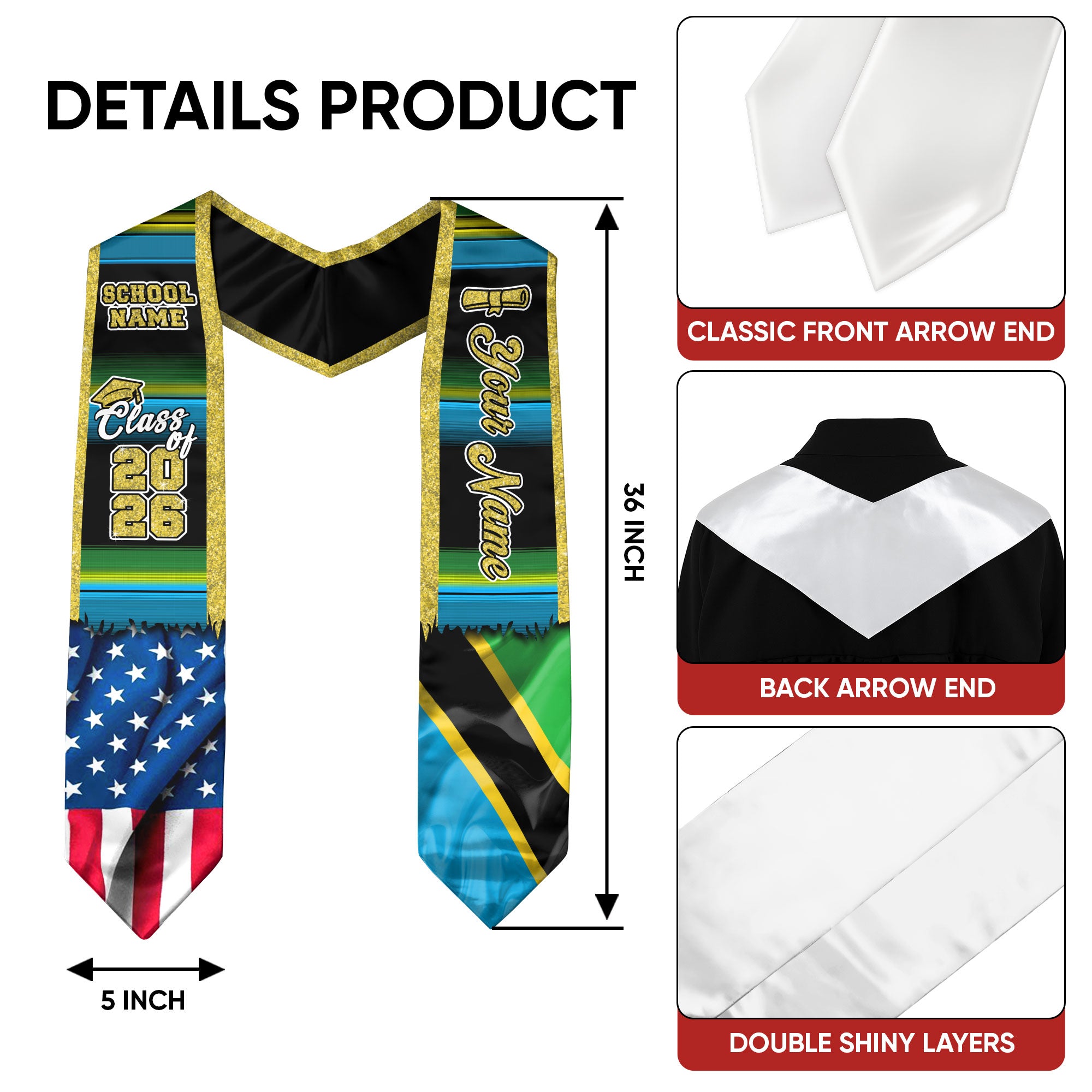 Customized Tanzania Graduation Stole Featuring Tanzanian Flag Design, Graduation Sash for Class of 2026