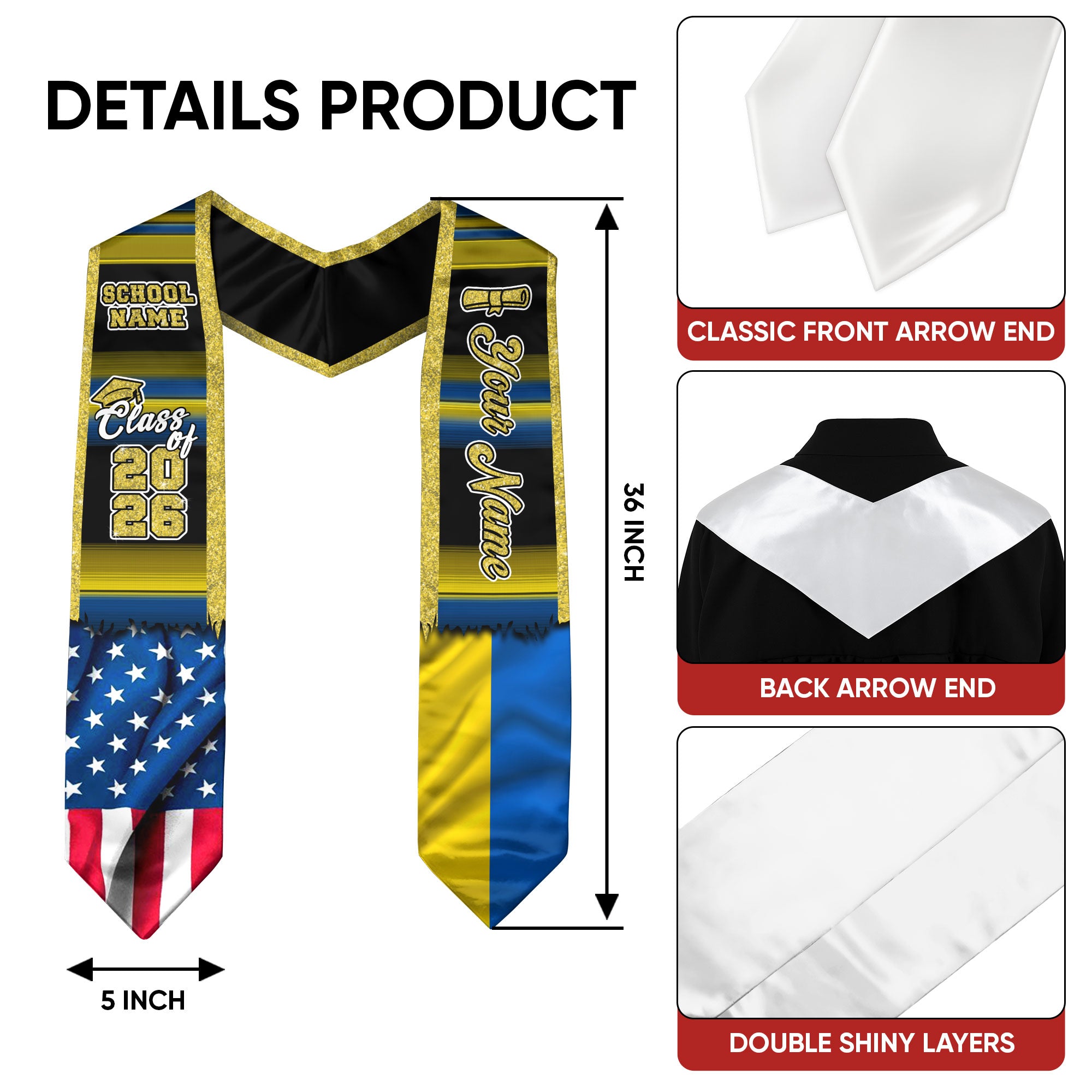 Customized Ukraine Graduation Stole Showcasing Ukrainian Flag Heritage Design, Graduation Sash Class of 2026