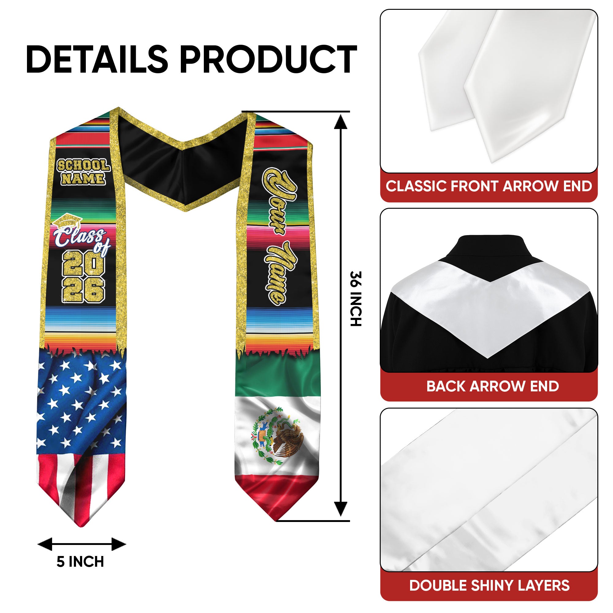 Mexican American Flag Graduation Stole 2026, Mexico Graduation Stole, Mexican Sash