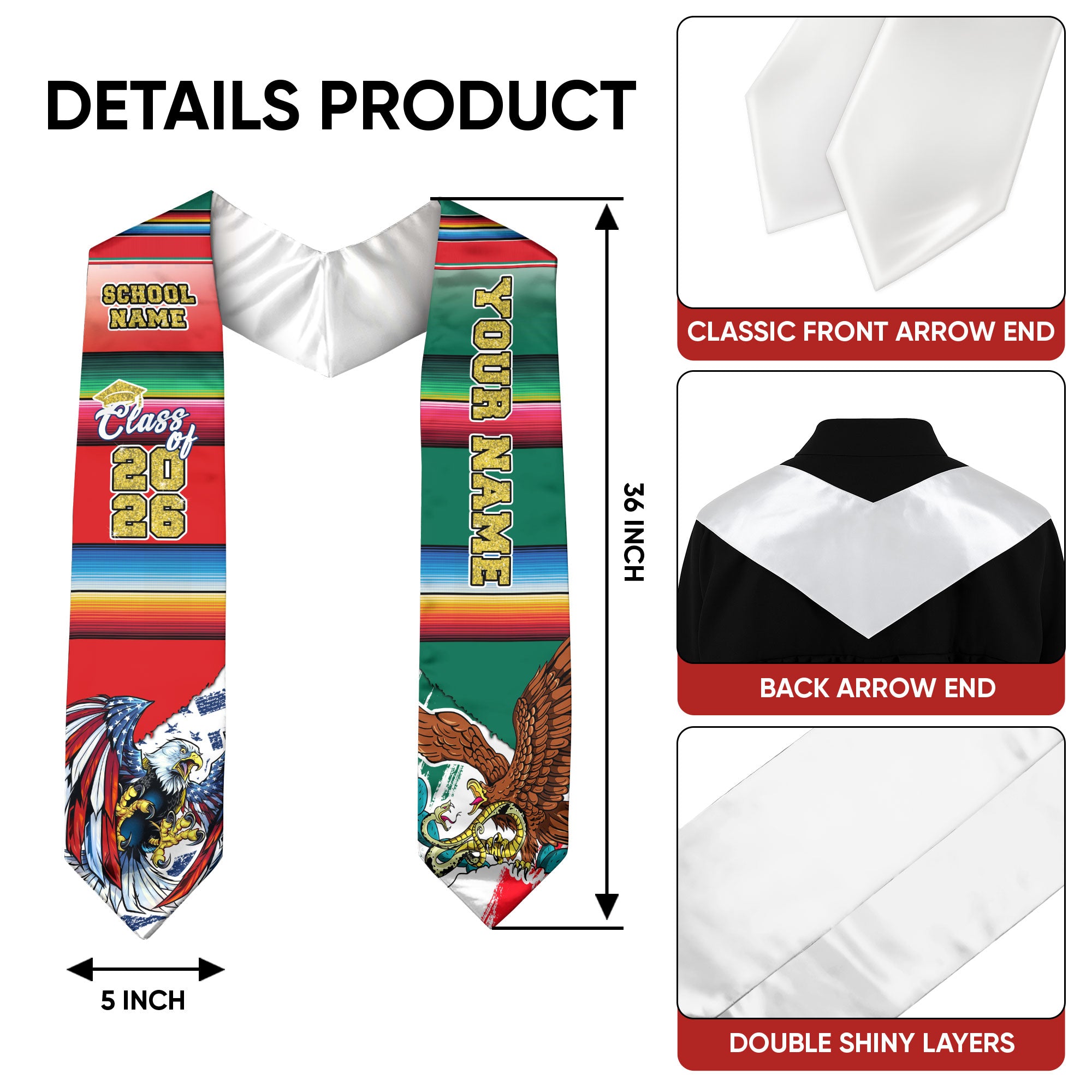 Mexican Graduation Sash, Stole Mexico 2026, Mexican Flag Graduation Stole