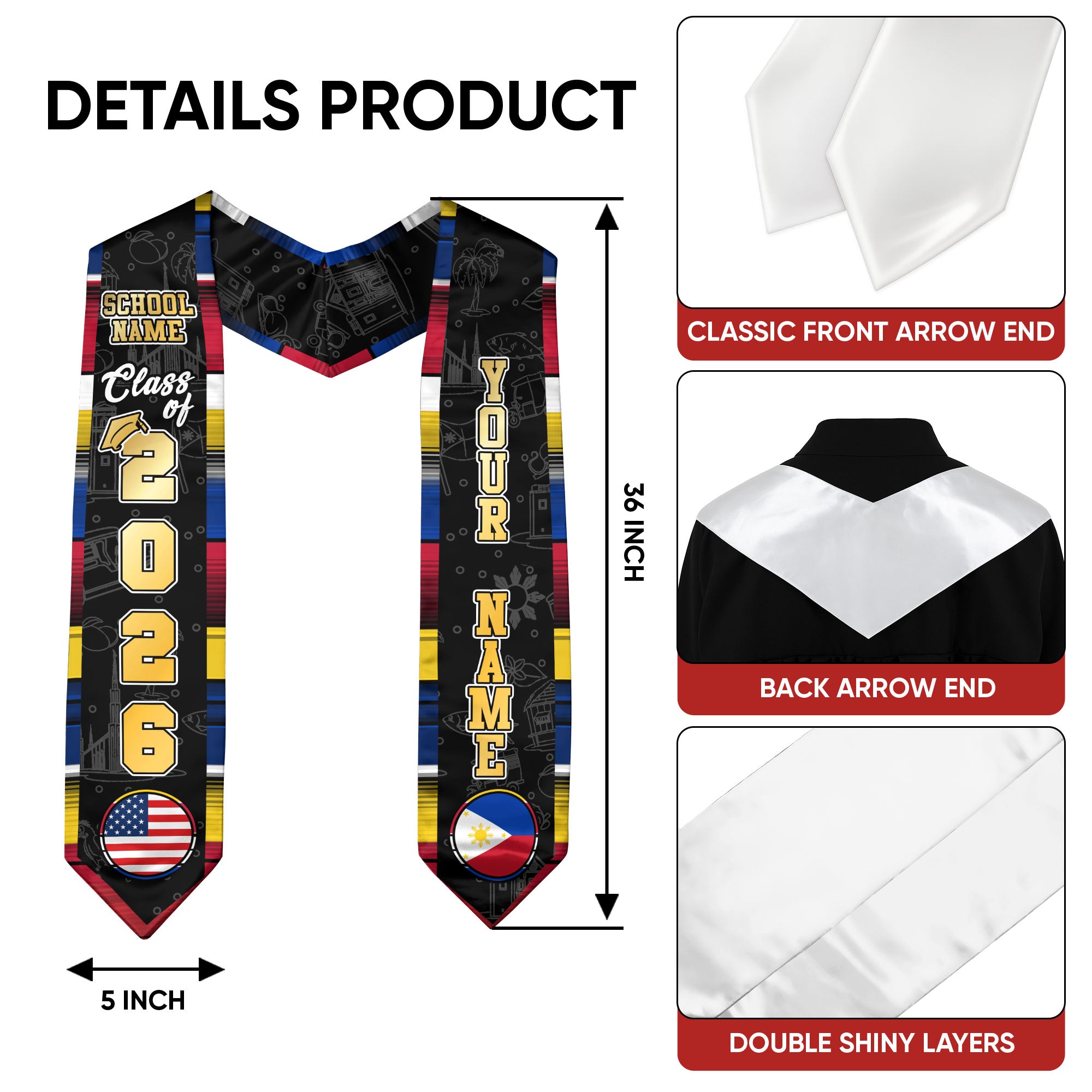 Filipino Flag Graduation Stole 2026, Philippines Sash Stole, Custom Accent for Graduates