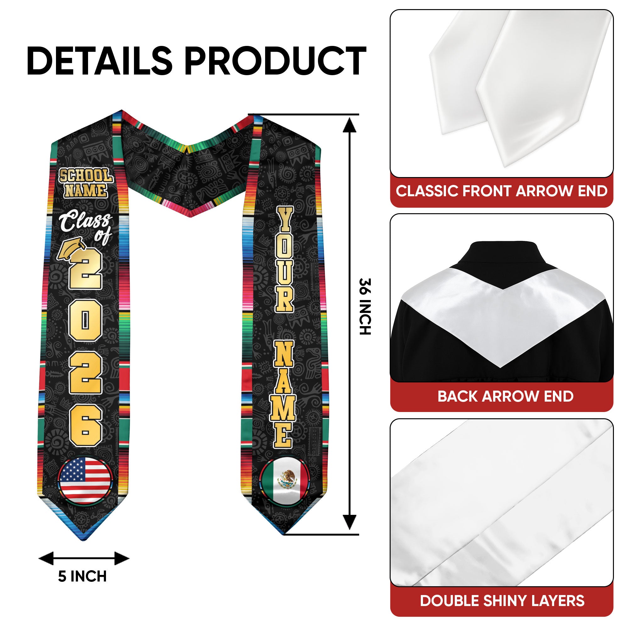 Mexico Graduation Sash 2026, Mexican Stole, Mexican American Flag Stole