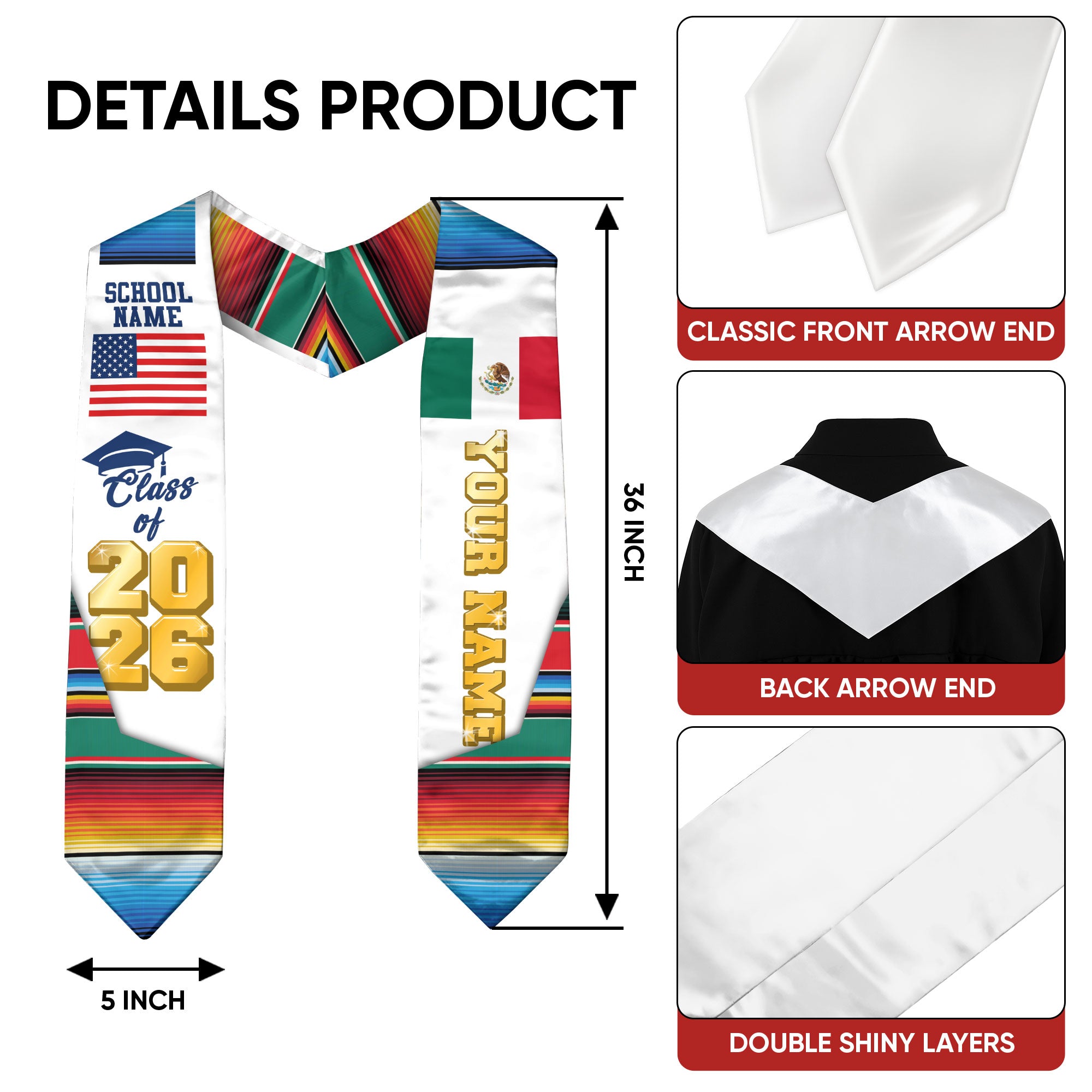 Mexican Stole 2026, Mexico Graduation Stole, Mexican American Flag Sash
