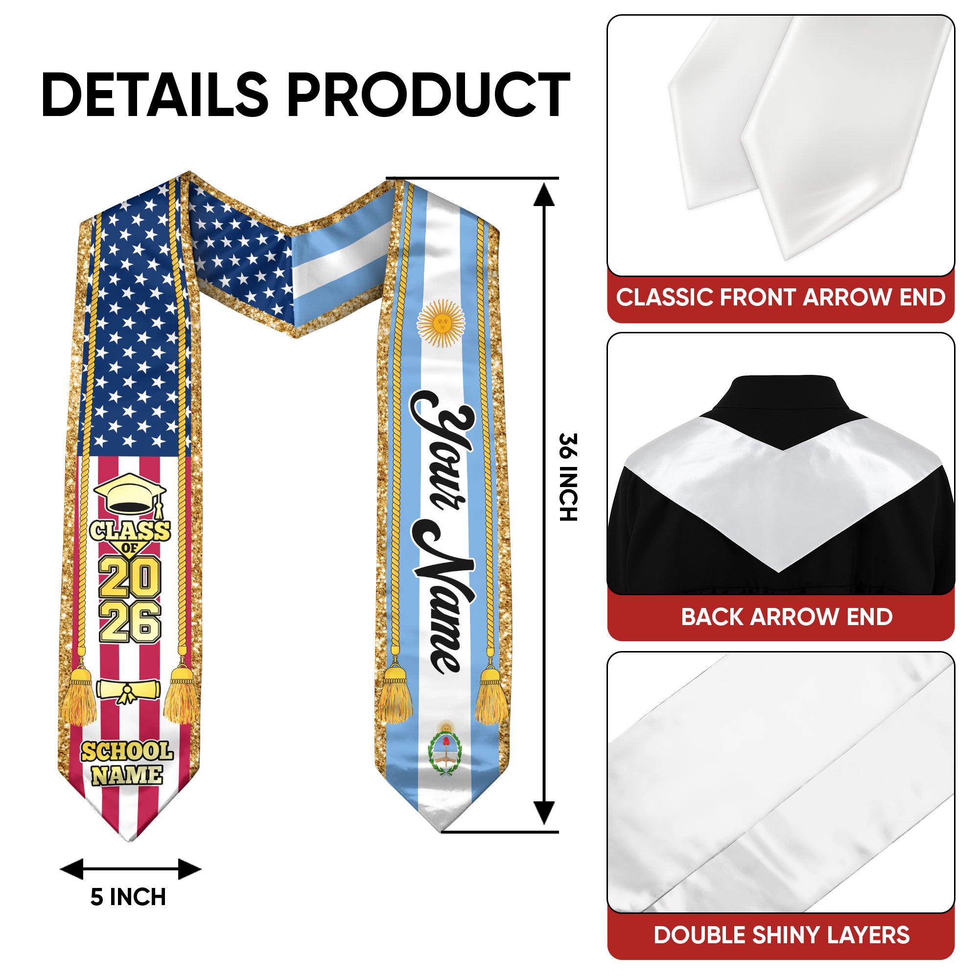 Customized Argentina Graduation Stole with Flag Emblem, Graduation Sash for Class of 2026
