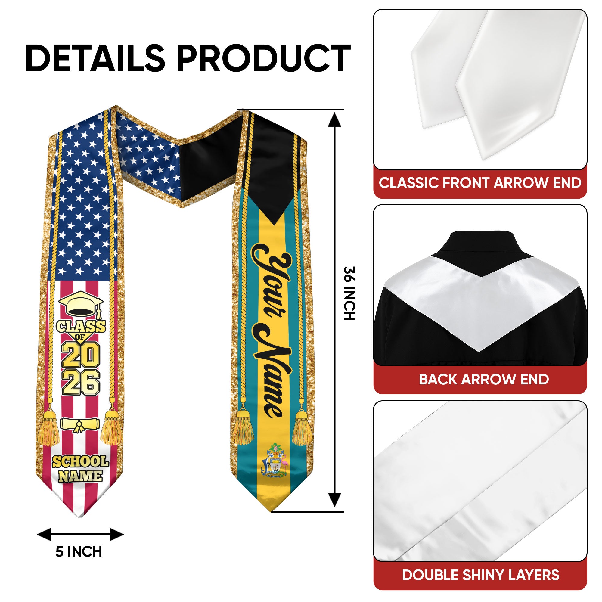 Customized Bahamas Graduation Stole with Island Flag Emblem, Graduation Sash for Class of 2026