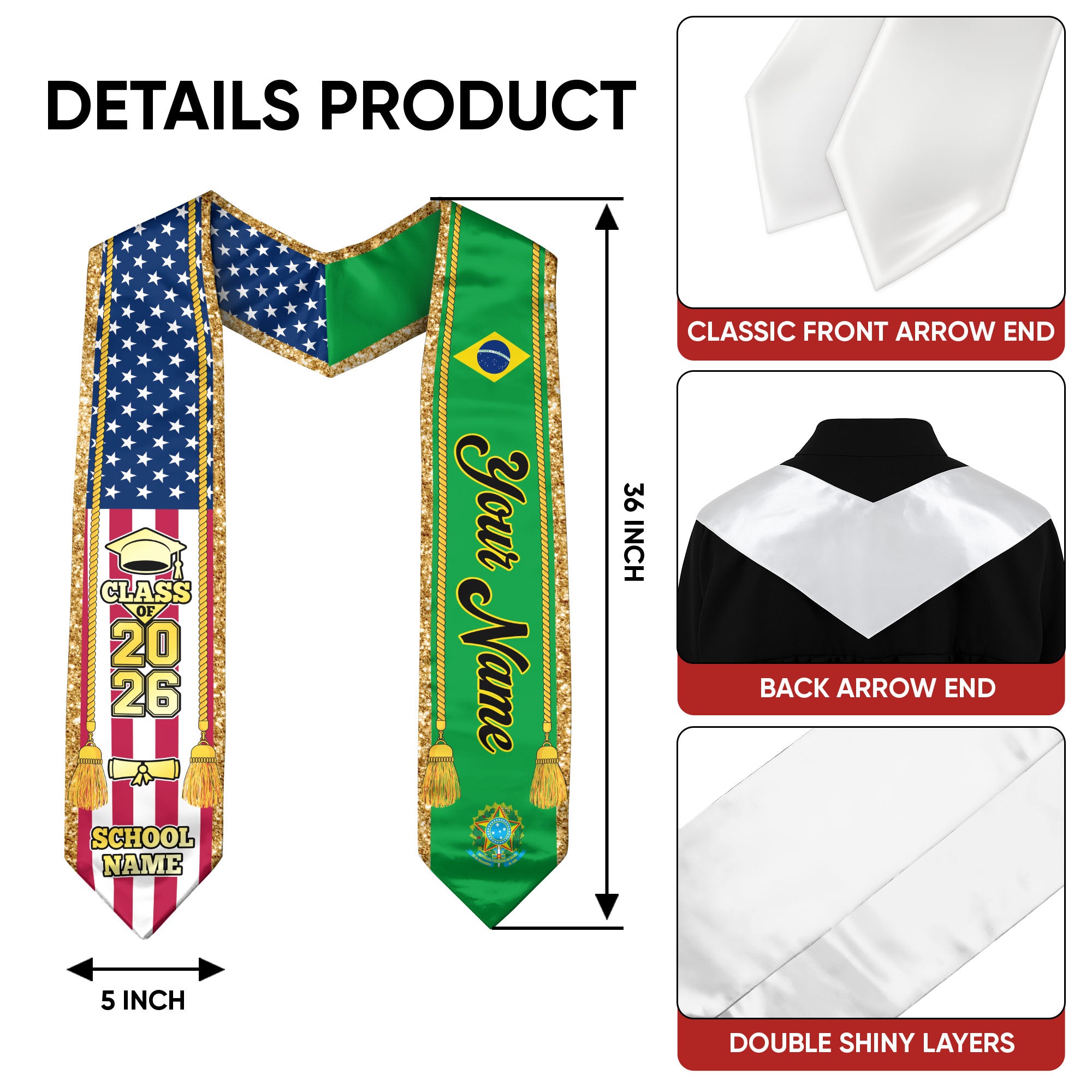 Customized Brazil Graduation Stole with Brazilian Flag Emblem, Graduation Sash for Class of 2026