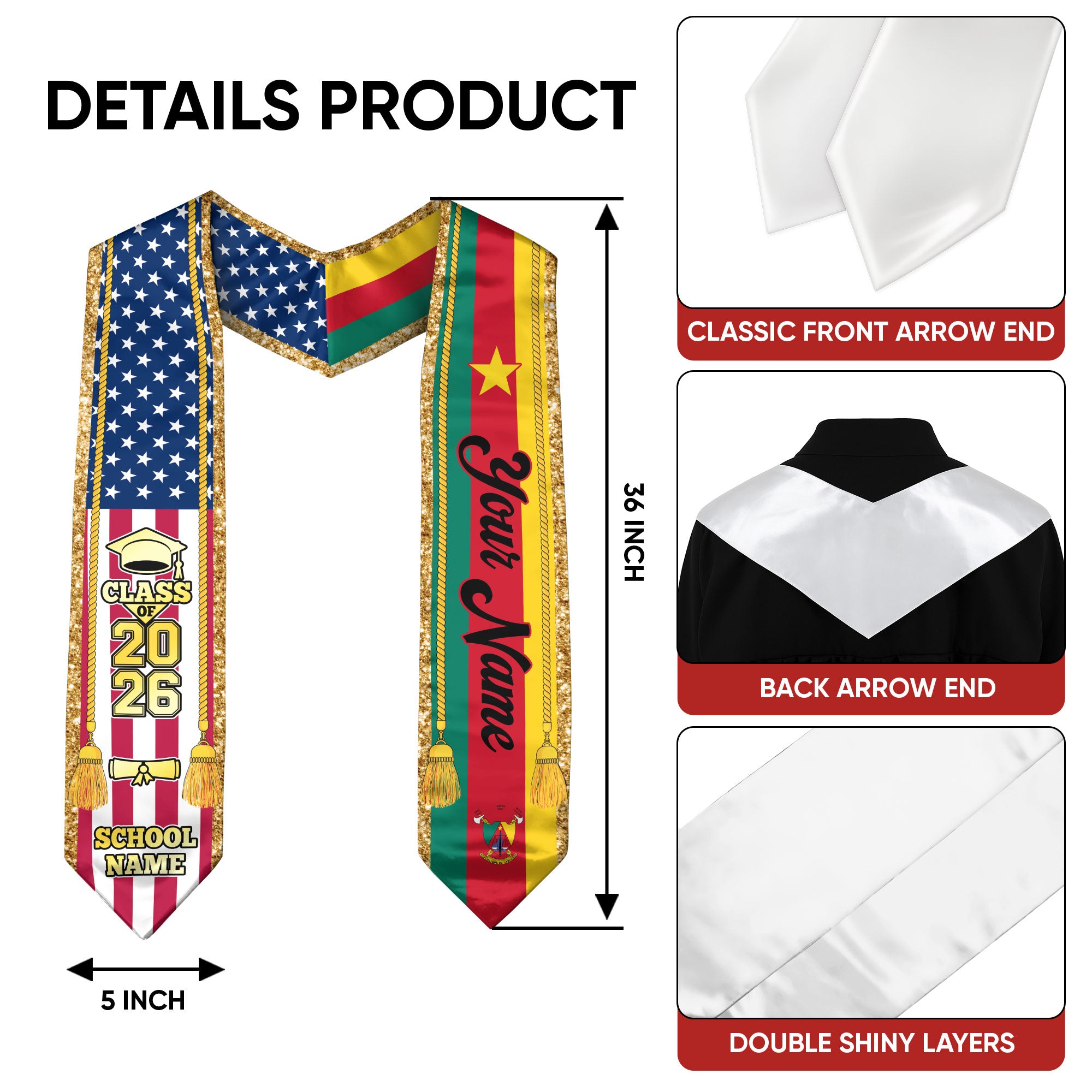 Customized Cameroon Graduation Stole with National Flag Emblem, Graduation Sash for Class of 2026