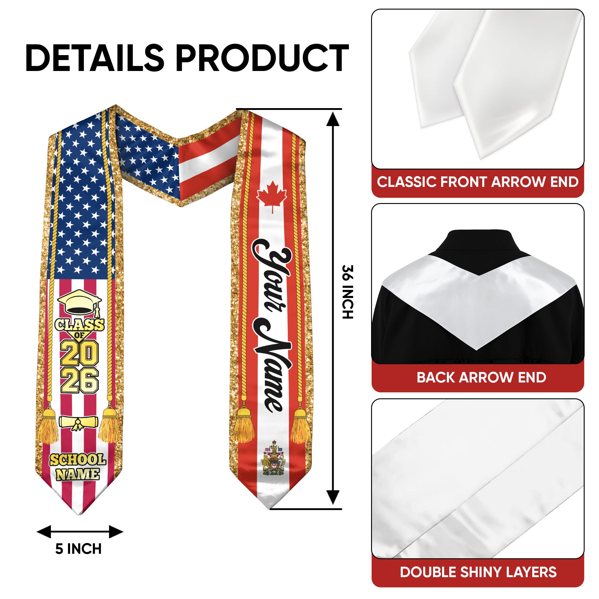 Customized Canada Graduation Stole with Canadian Flag Emblem, Graduation Sash for Class of 2026