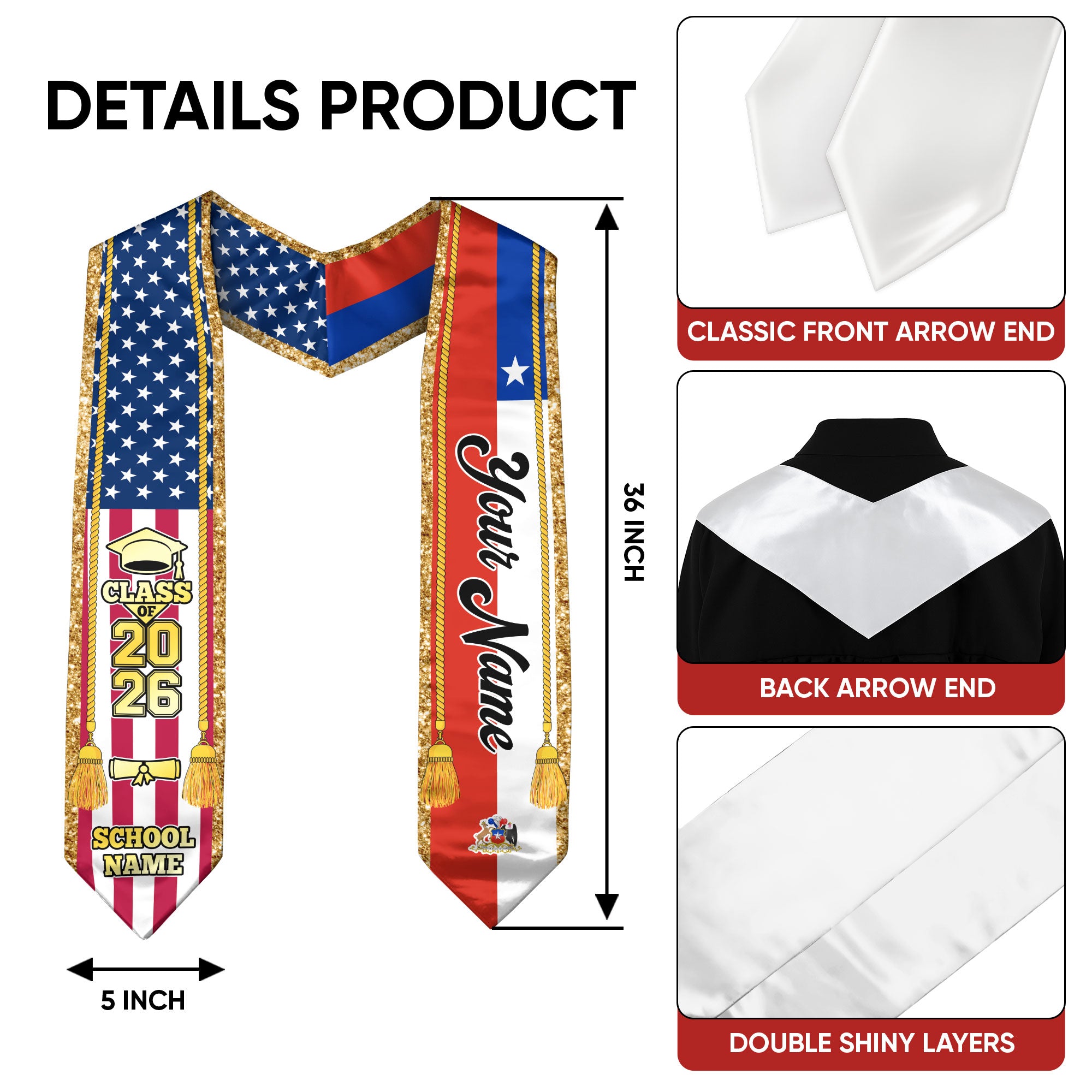 Customized Chile Graduation Stole with Chilean Flag Emblem, Graduation Sash for Class of 2026