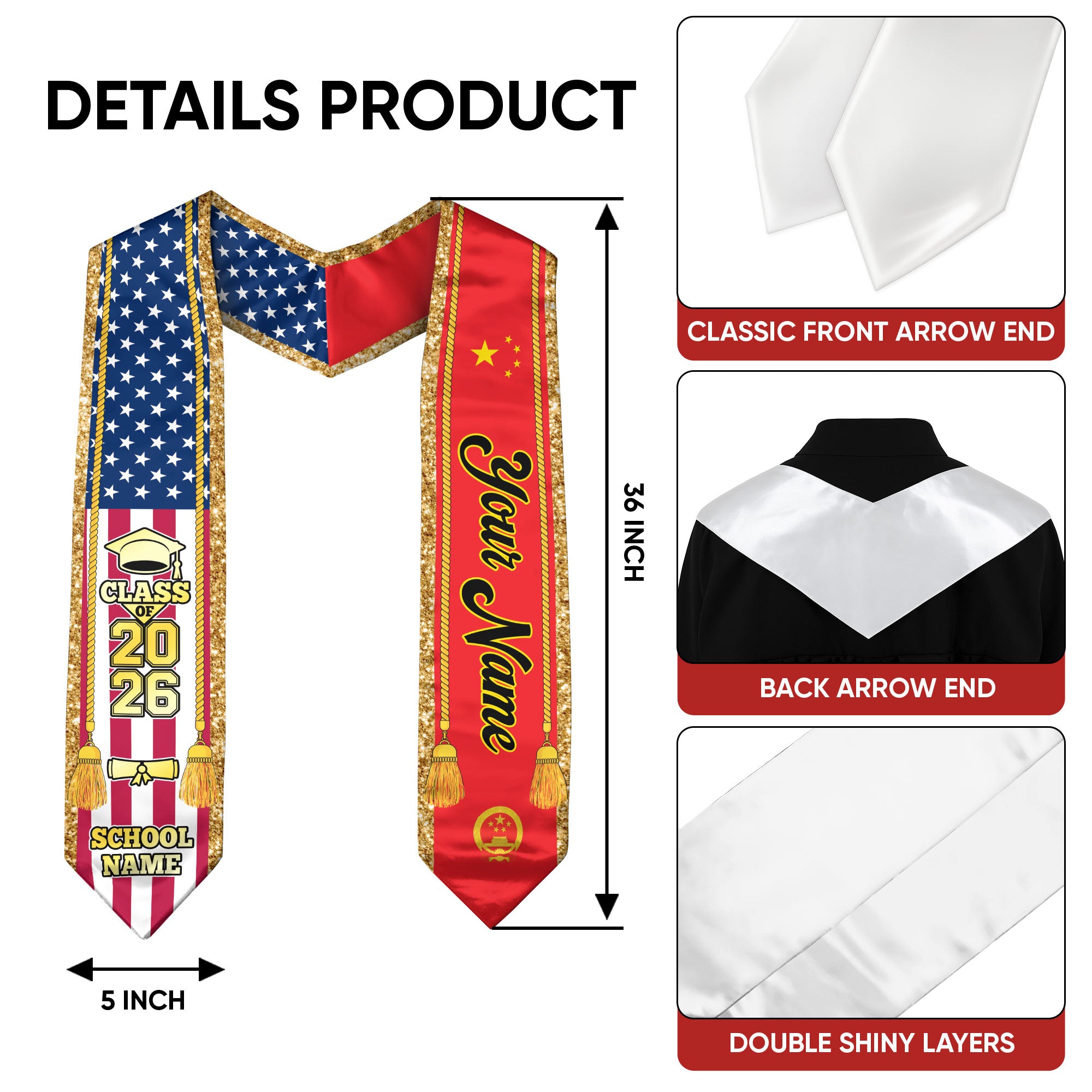 Customized China Graduation Stole with Chinese Flag Emblem, Graduation Sash for Class of 2026