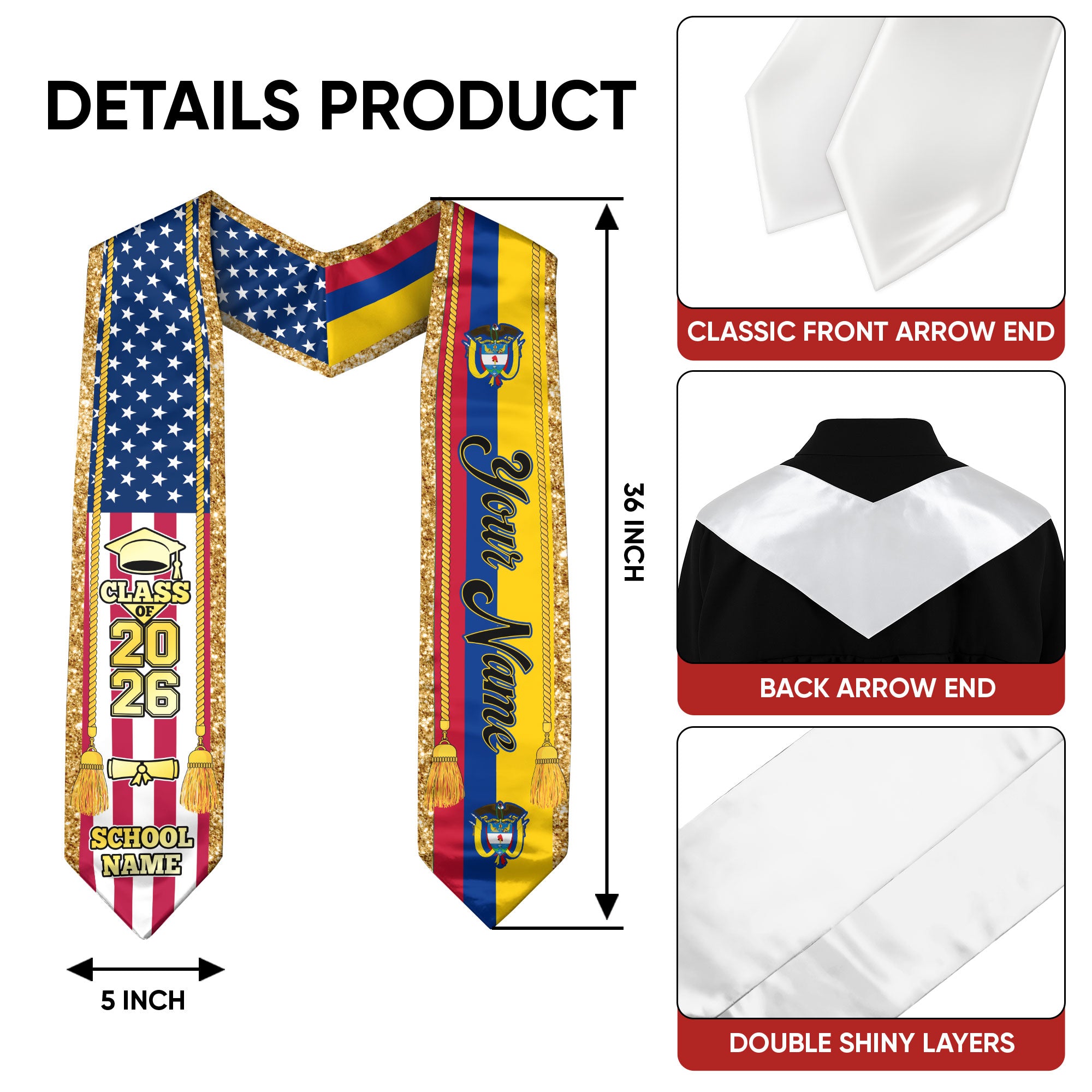 Customized Colombia Graduation Stole with Colombian Flag Emblem, Graduation Sash for Class of 2026