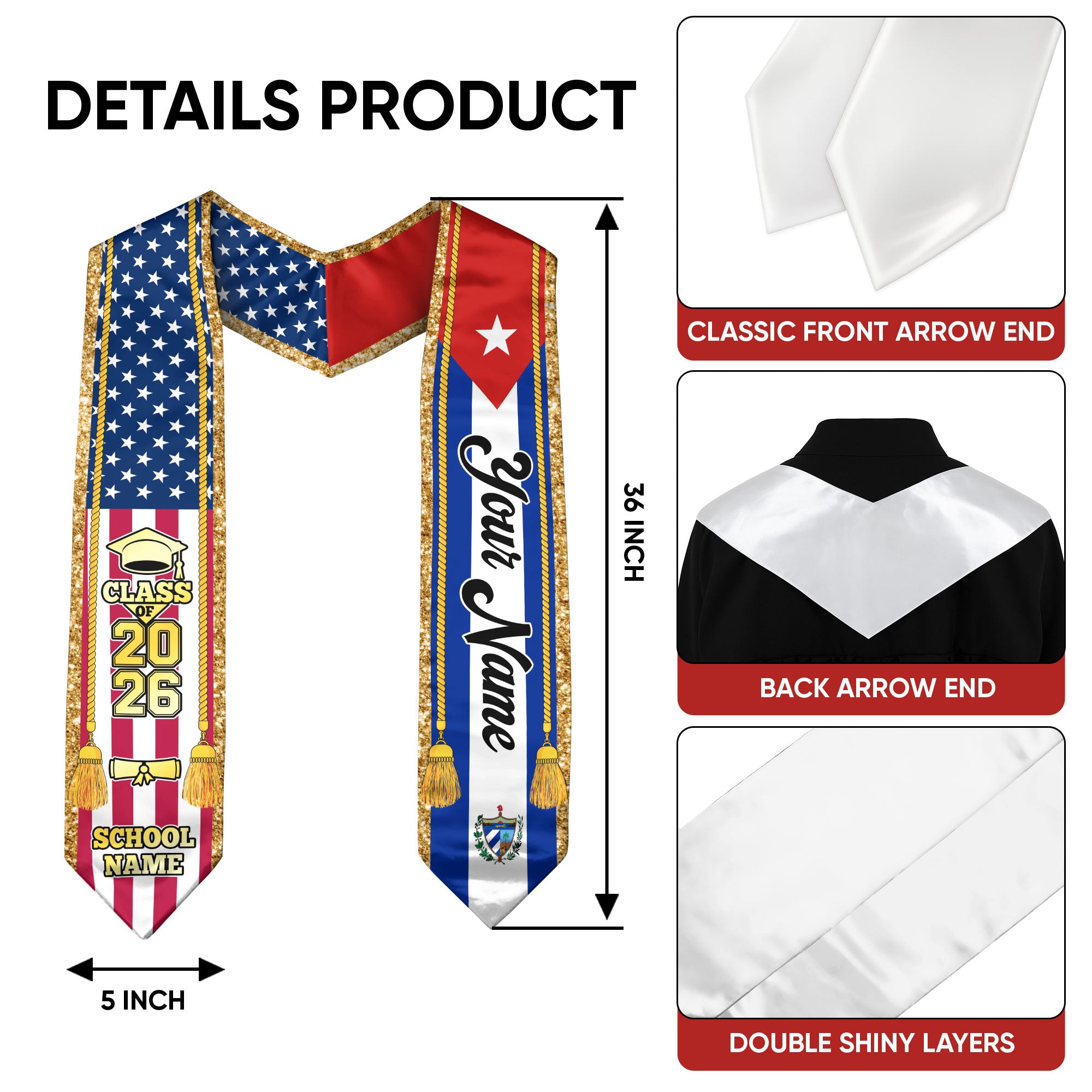 Customized Cuba Graduation Stole with Cuban Flag Emblem, Graduation Sash for Class of 2026